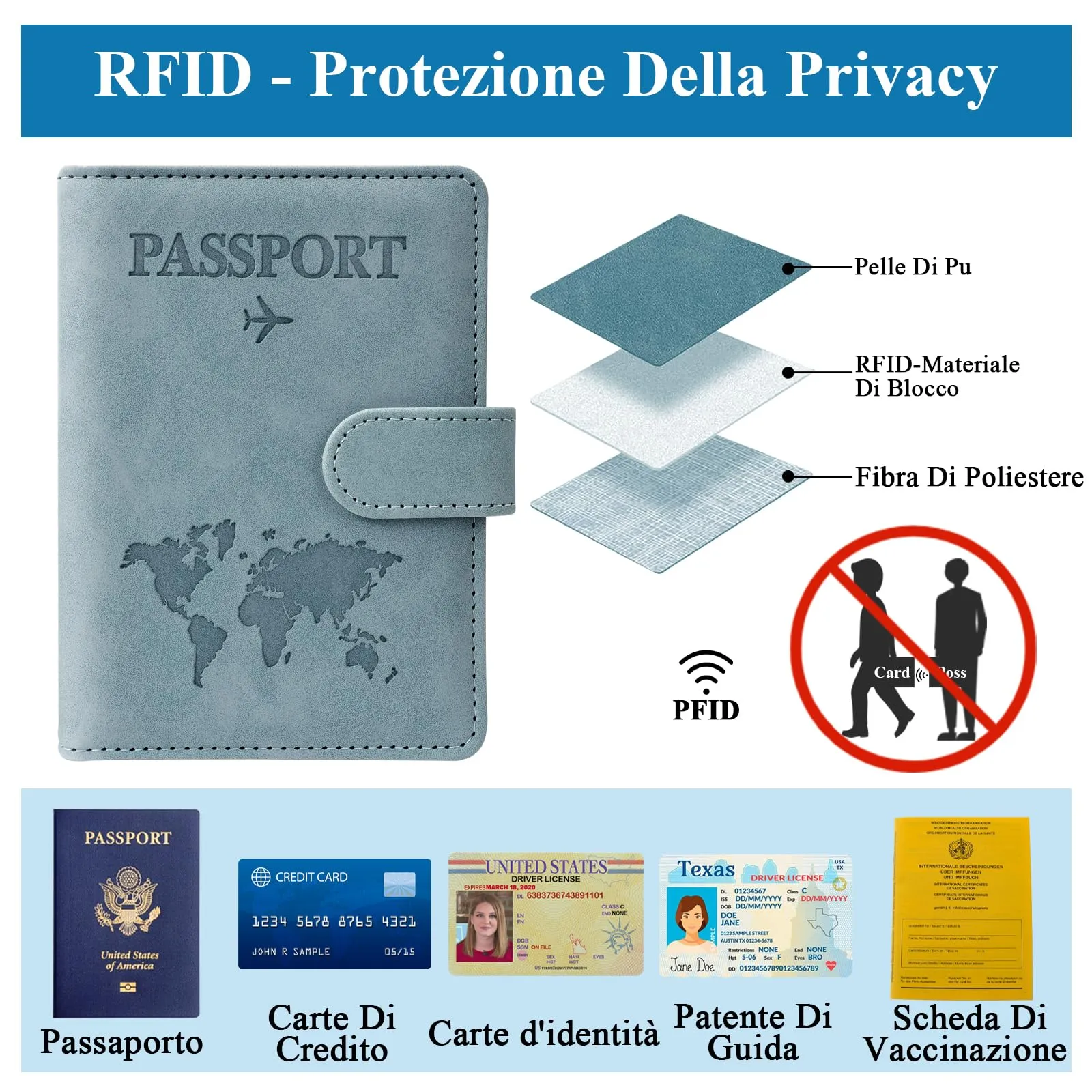 GADITIEK Porta Passaporto e Etichetta Valigia Aereo, Pelle Pu Custodia Passaporto Italiano con Blocco RFID, Portapassassaporto Cover per Carte Di Credito, D'Identità e Documenti Di Viaggio (blu) - immagine 3
