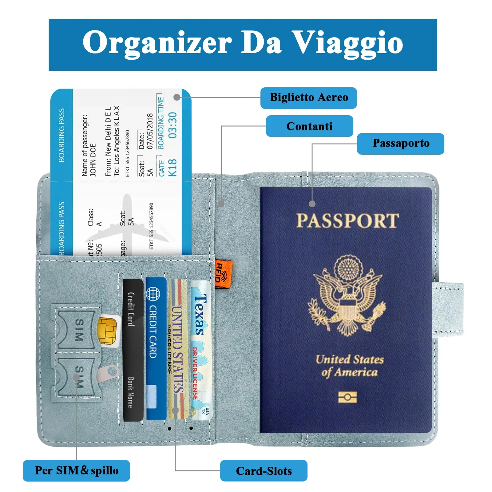GADITIEK Porta Passaporto e Etichetta Valigia Aereo, Pelle Pu Custodia Passaporto Italiano con Blocco RFID, Portapassassaporto Cover per Carte Di Credito, D'Identità e Documenti Di Viaggio (blu) - immagine 5