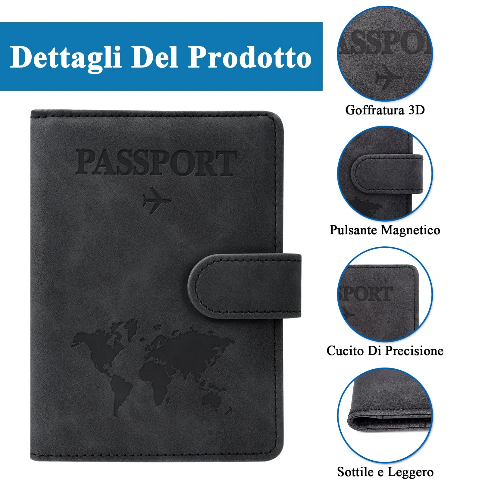 Porta Passaporto e Etichetta Valigia Aereo, Pelle Pu Custodia Passaporto Cover con Blocco Rfid, Portapassassaporto per Portapassaporto Carte Di Credito, D'Identità e Documenti Di Viaggio (nero) - immagine 4