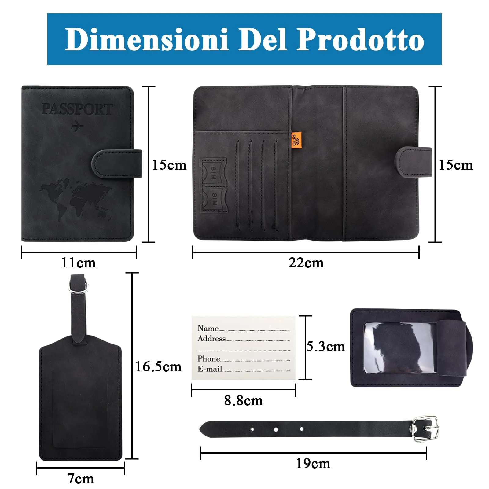 Porta Passaporto e Etichetta Valigia Aereo, Pelle Pu Custodia Passaporto Cover con Blocco Rfid, Portapassassaporto per Portapassaporto Carte Di Credito, D'Identità e Documenti Di Viaggio (nero) - immagine 6