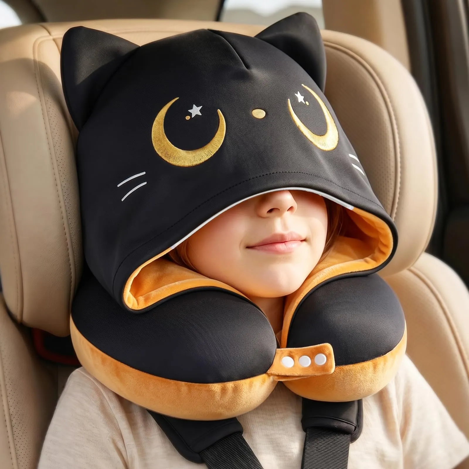 Mewaii Cuscino da Viaggio con Cappuccio, Cuscino da Collo a Forma di Gatto Carino per Adolescenti e Adulti Cuscino per Nuca, Memory Foam per Poggiatesta di Volo, Cuscino da Viaggio - immagine 1