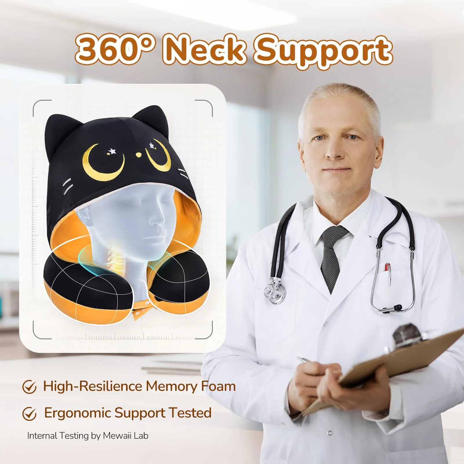 Mewaii Cuscino da Viaggio con Cappuccio, Cuscino da Collo a Forma di Gatto Carino per Adolescenti e Adulti Cuscino per Nuca, Memory Foam per Poggiatesta di Volo, Cuscino da Viaggio - immagine 3
