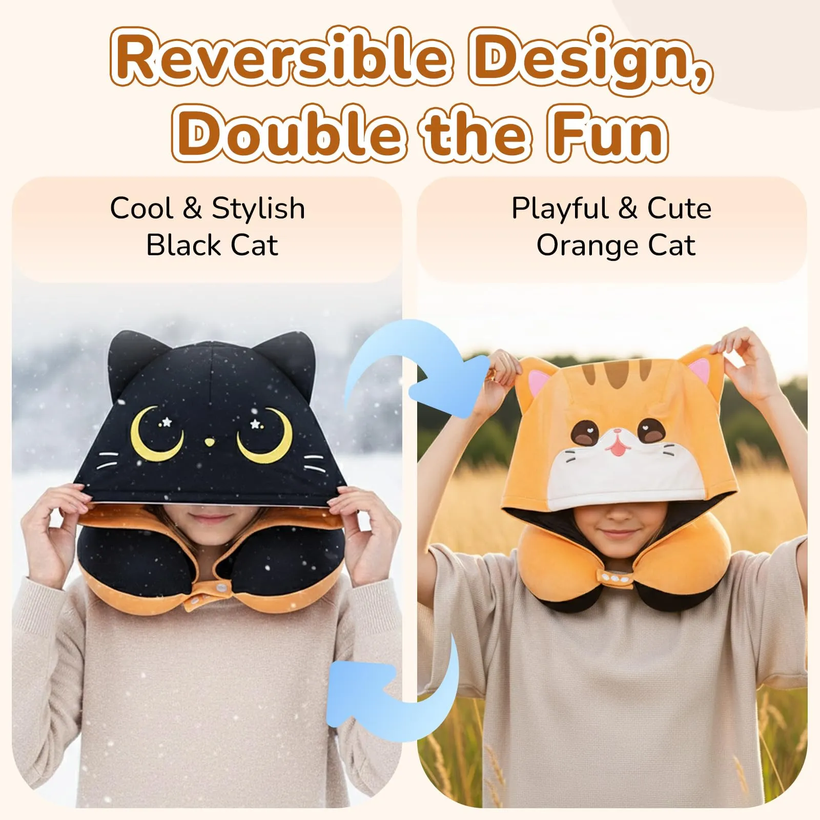 Mewaii Cuscino da Viaggio con Cappuccio, Cuscino da Collo a Forma di Gatto Carino per Adolescenti e Adulti Cuscino per Nuca, Memory Foam per Poggiatesta di Volo, Cuscino da Viaggio - immagine 6