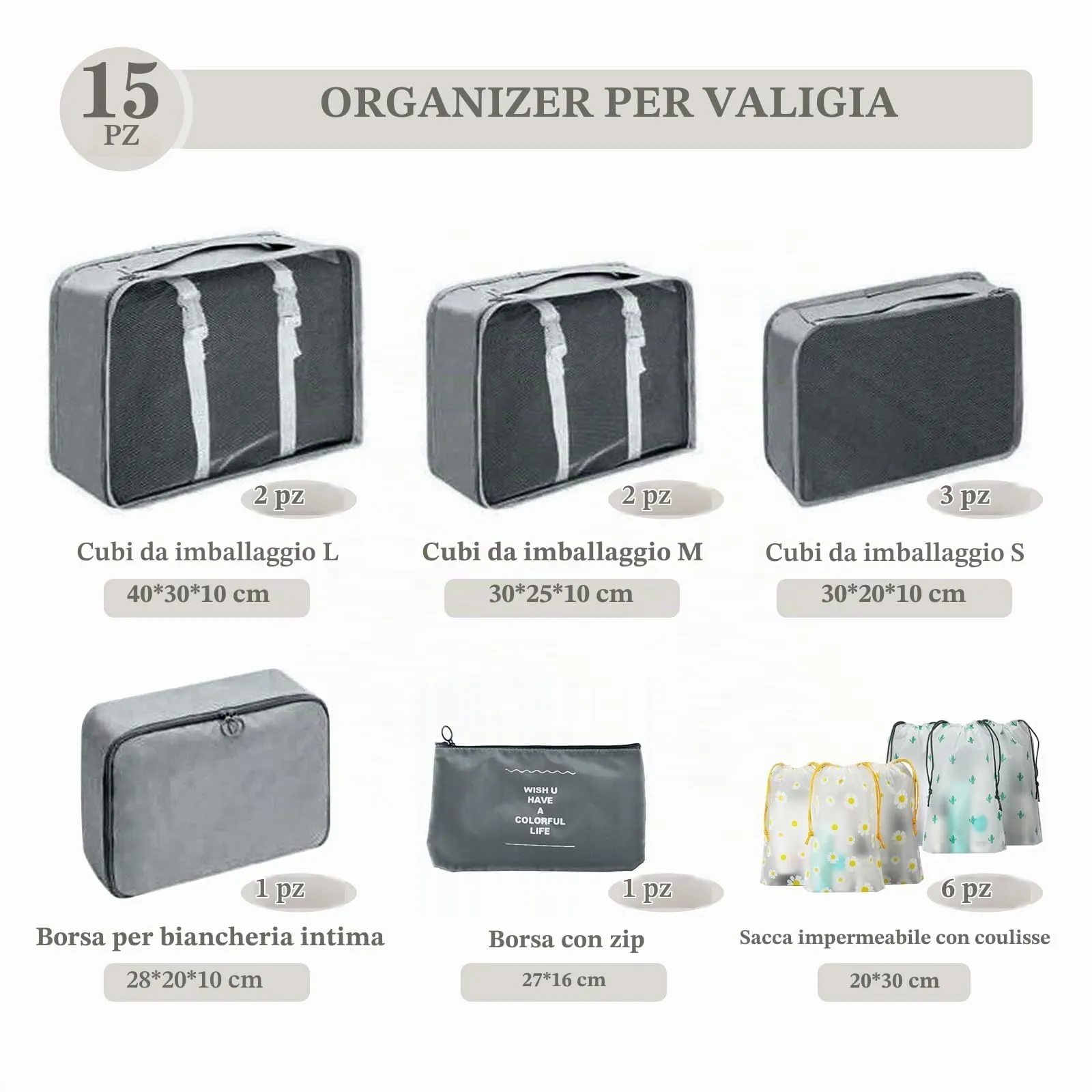 GIBOHOM Organizer Valigia, 15 Pezzi Set Organizer per Valigia, Packing Cubes per Vacanze e Viaggi, Divisori Valigia con Tasche Trasparenti, Grigio - immagine 2