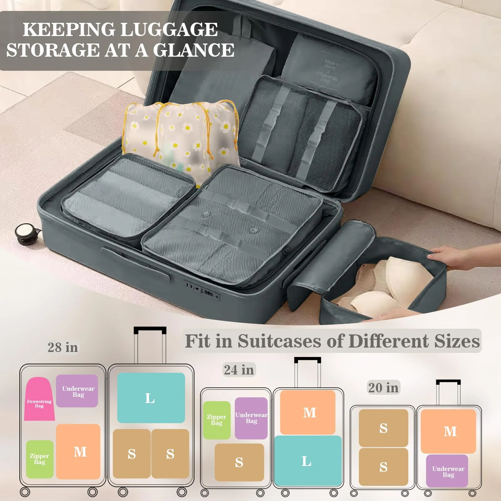 GIBOHOM Organizer Valigia, 15 Pezzi Set Organizer per Valigia, Packing Cubes per Vacanze e Viaggi, Divisori Valigia con Tasche Trasparenti, Grigio - immagine 5