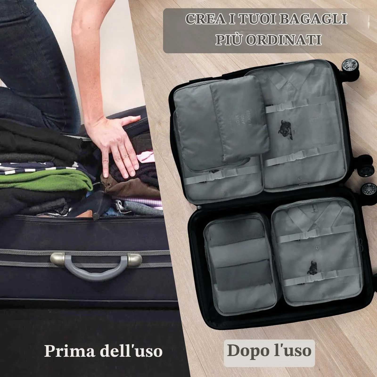 GIBOHOM Organizer Valigia, 15 Pezzi Set Organizer per Valigia, Packing Cubes per Vacanze e Viaggi, Divisori Valigia con Tasche Trasparenti, Grigio - immagine 6