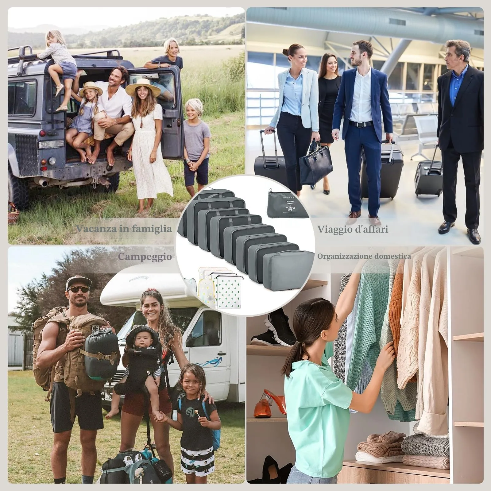GIBOHOM Organizer Valigia, 15 Pezzi Set Organizer per Valigia, Packing Cubes per Vacanze e Viaggi, Divisori Valigia con Tasche Trasparenti, Grigio - immagine 7