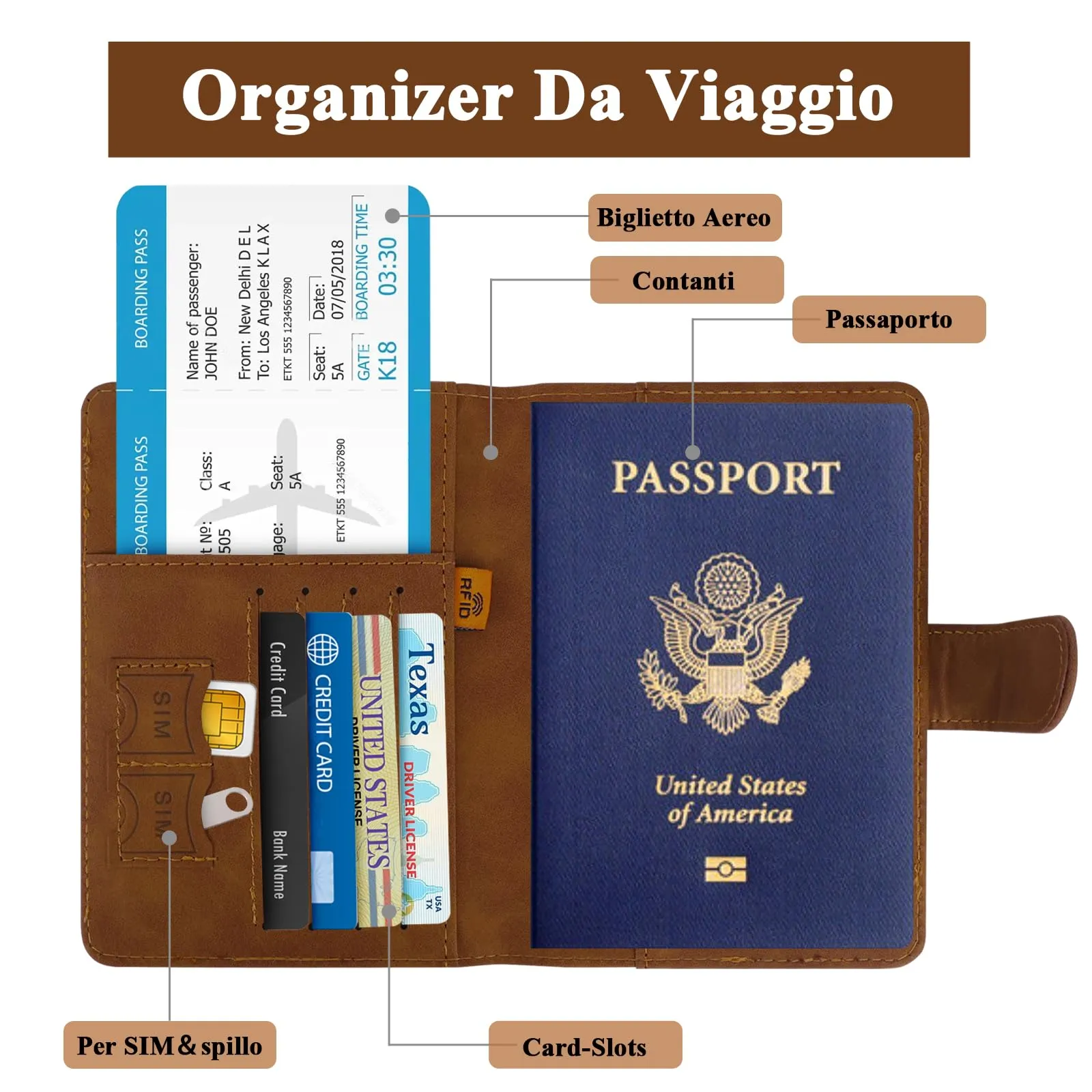 GADITIEK Porta Passaporto e Etichetta Valigia Aereo, Pelle Pu Custodia Passaporto Italiano con Blocco RFID, Portapassassaporto Cover per Carte Di Credito, D'Identità e Documenti Di Viaggio - immagine 5