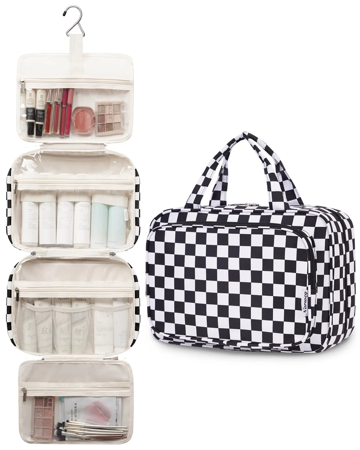 Narwey Beauty Case da Grande Viaggio, Beauty Case da Appendere per Donna Uomo,Borsa da Toilette da Travel Kit Viaggio, Grande Trousse Pochette Trucchi Donna per Viaggio (Scacchiera Nero (Grande)) - immagine 4