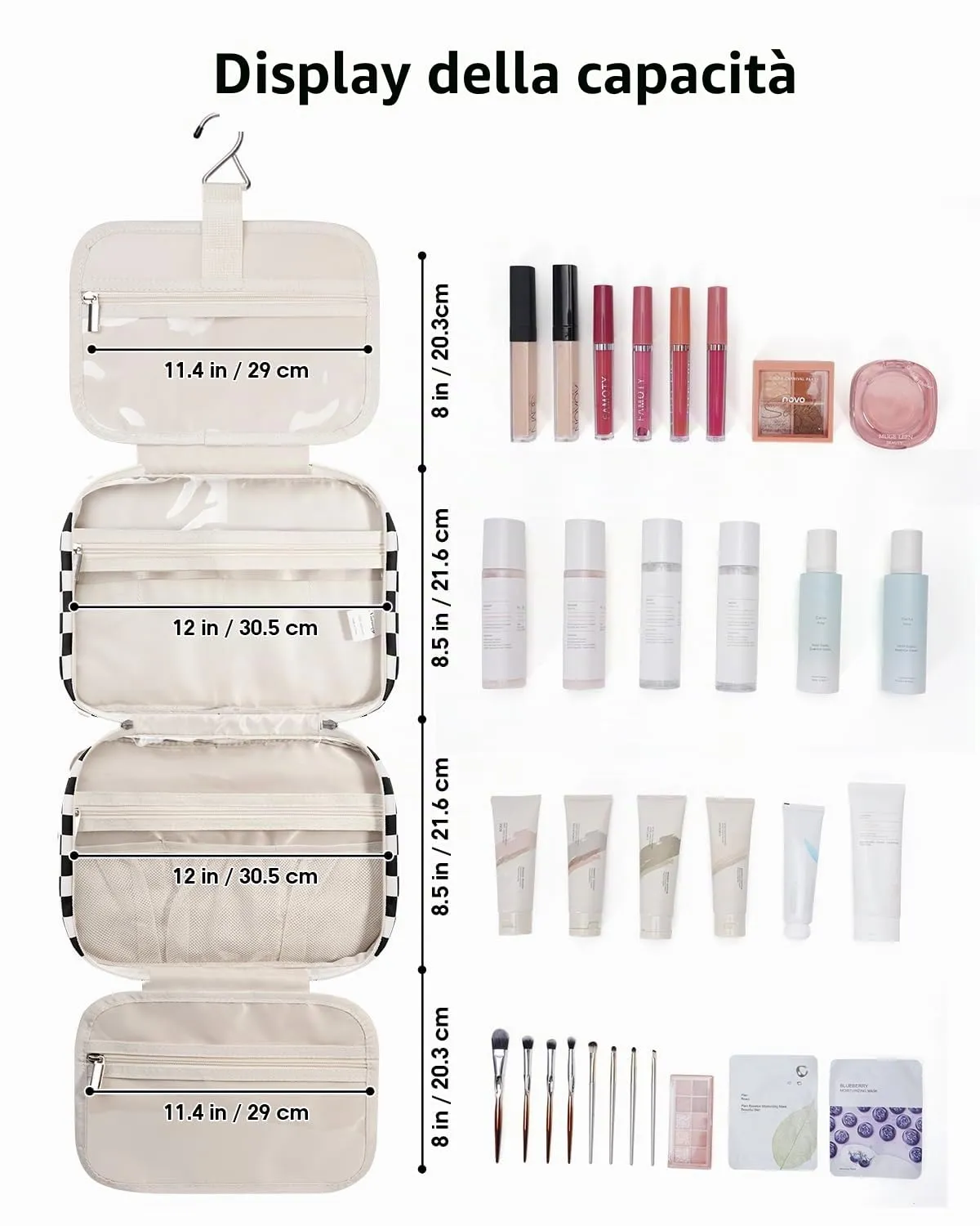 Narwey Beauty Case da Grande Viaggio, Beauty Case da Appendere per Donna Uomo,Borsa da Toilette da Travel Kit Viaggio, Grande Trousse Pochette Trucchi Donna per Viaggio (Scacchiera Nero (Grande)) - immagine 5