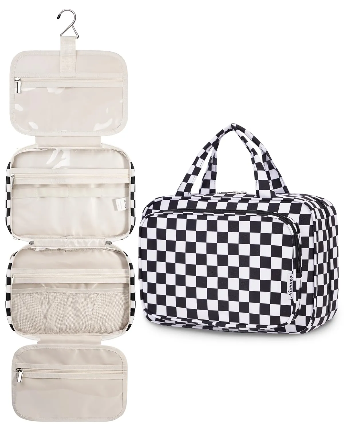 Narwey Beauty Case da Grande Viaggio, Beauty Case da Appendere per Donna Uomo,Borsa da Toilette da Travel Kit Viaggio, Grande Trousse Pochette Trucchi Donna per Viaggio (Scacchiera Nero (Grande)) - immagine 8