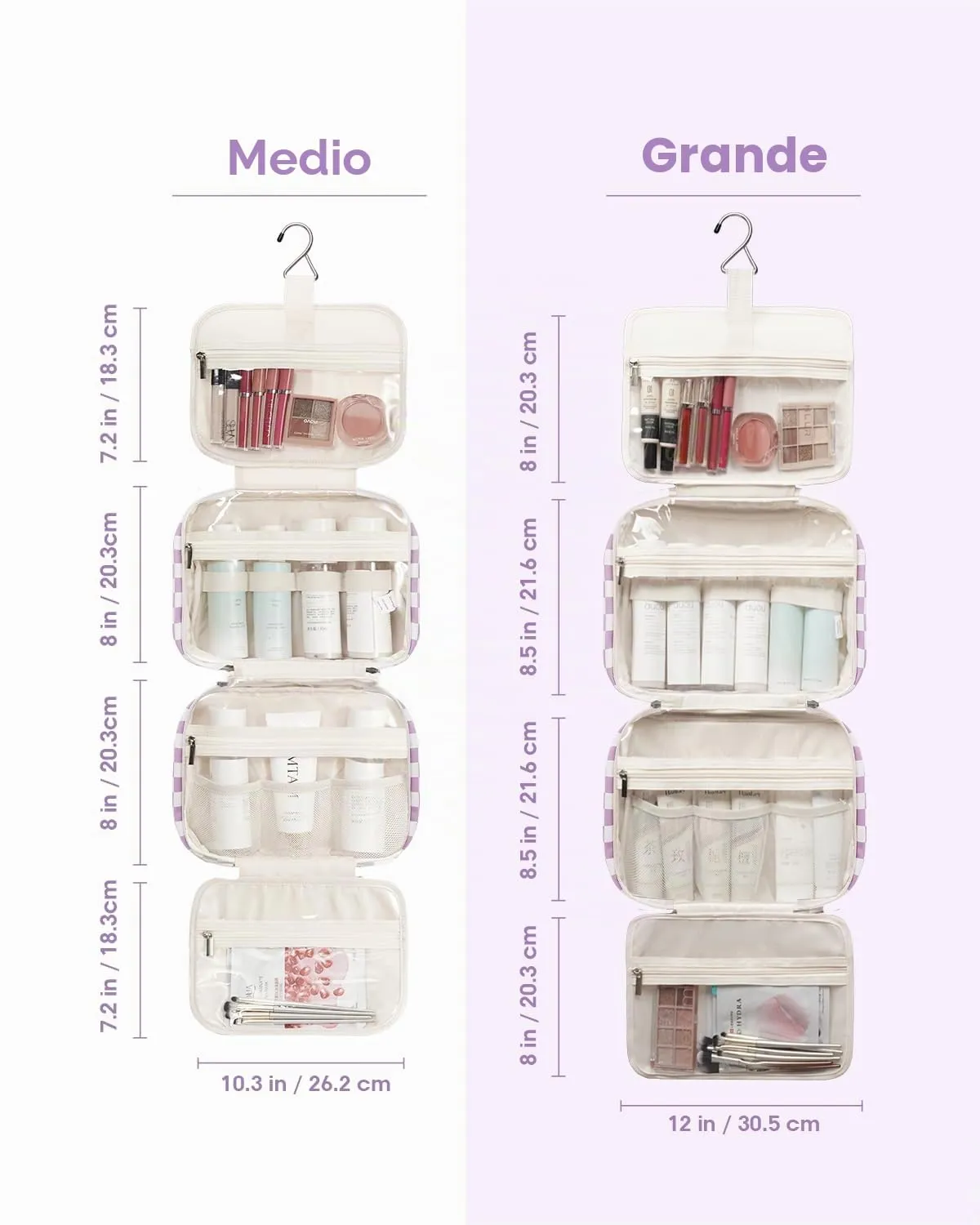 Narwey Beauty Case da Grande Viaggio, Beauty Case da Appendere per Donna Uomo,Borsa da Toilette da Travel Kit Viaggio, Grande Trousse Pochette Trucchi Donna per Viaggio (Scacchiera Viola (Grande)) - immagine 3