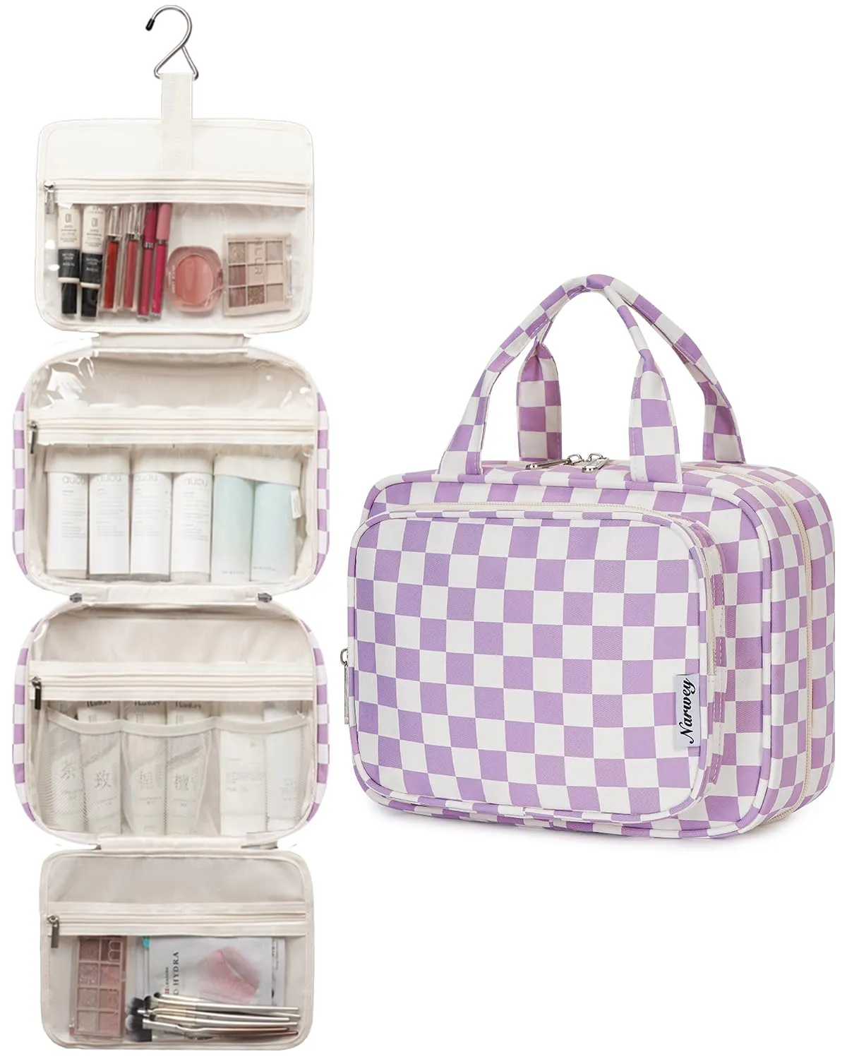 Narwey Beauty Case da Grande Viaggio, Beauty Case da Appendere per Donna Uomo,Borsa da Toilette da Travel Kit Viaggio, Grande Trousse Pochette Trucchi Donna per Viaggio (Scacchiera Viola (Grande)) - immagine 4