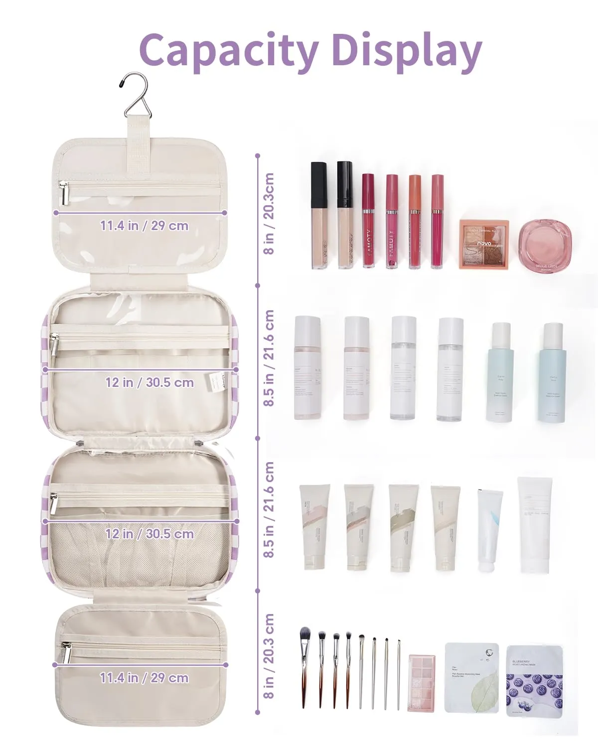Narwey Beauty Case da Grande Viaggio, Beauty Case da Appendere per Donna Uomo,Borsa da Toilette da Travel Kit Viaggio, Grande Trousse Pochette Trucchi Donna per Viaggio (Scacchiera Viola (Grande)) - immagine 5