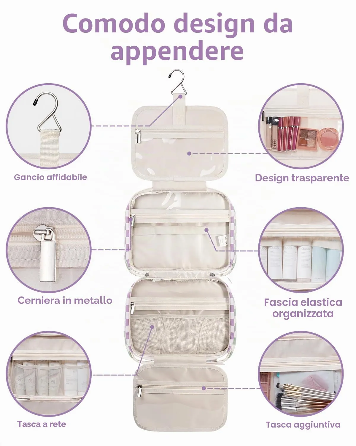 Narwey Beauty Case da Grande Viaggio, Beauty Case da Appendere per Donna Uomo,Borsa da Toilette da Travel Kit Viaggio, Grande Trousse Pochette Trucchi Donna per Viaggio (Scacchiera Viola (Grande)) - immagine 6