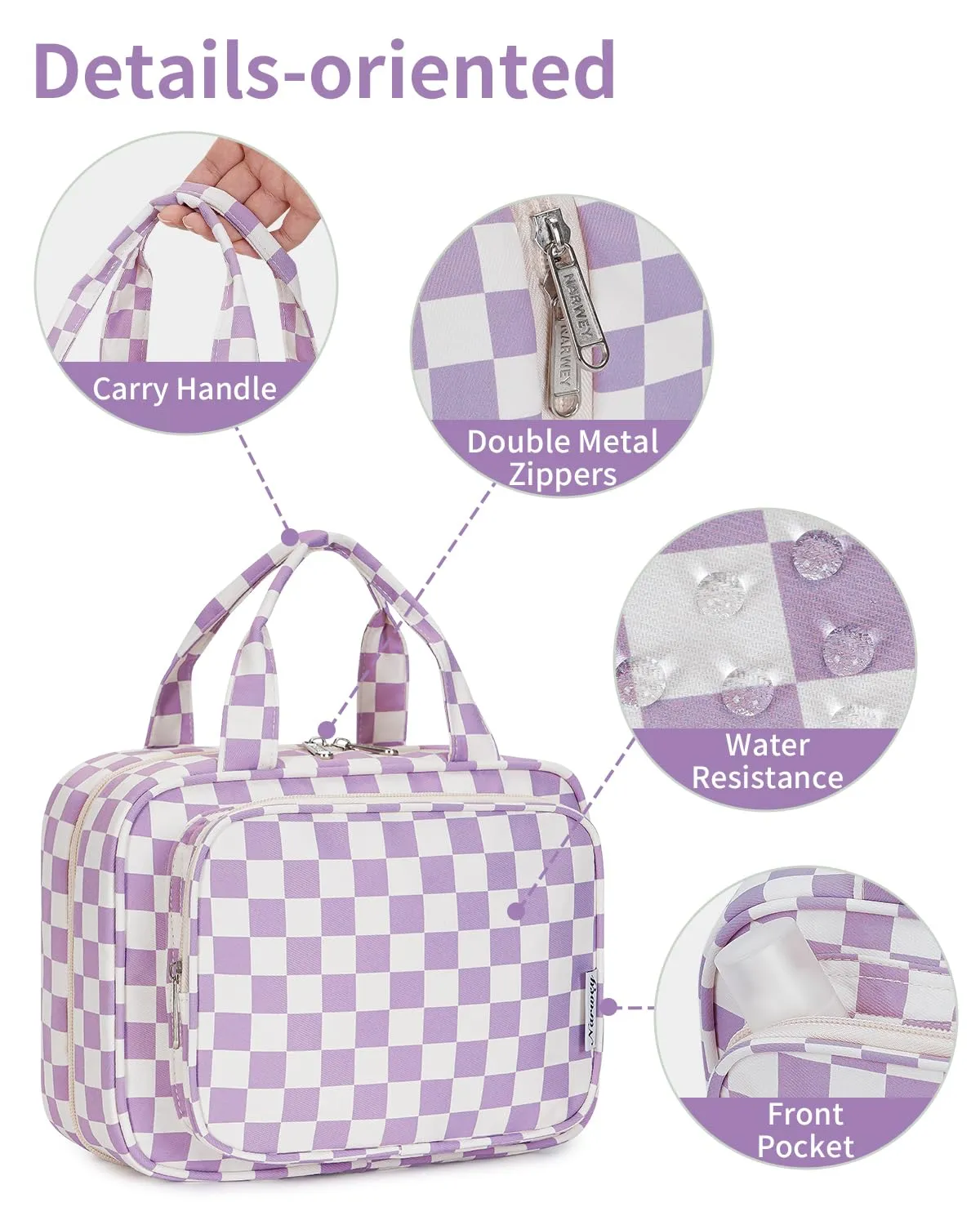 Narwey Beauty Case da Grande Viaggio, Beauty Case da Appendere per Donna Uomo,Borsa da Toilette da Travel Kit Viaggio, Grande Trousse Pochette Trucchi Donna per Viaggio (Scacchiera Viola (Grande)) - immagine 7