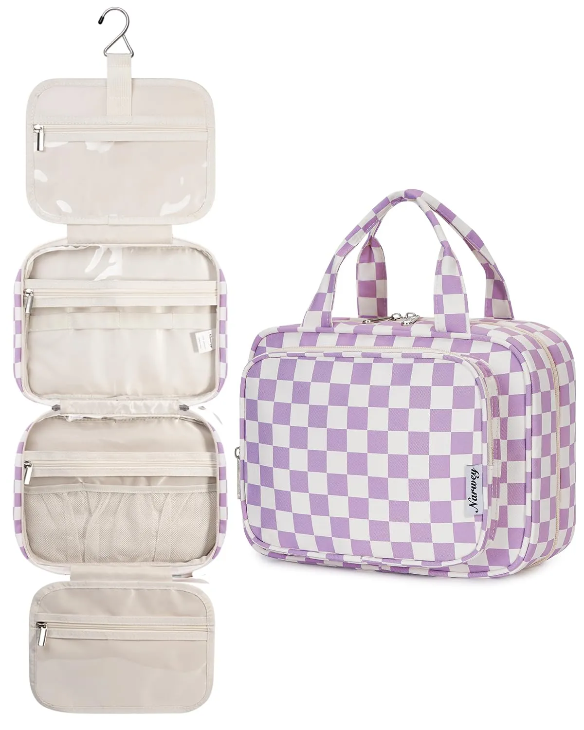 Narwey Beauty Case da Grande Viaggio, Beauty Case da Appendere per Donna Uomo,Borsa da Toilette da Travel Kit Viaggio, Grande Trousse Pochette Trucchi Donna per Viaggio (Scacchiera Viola (Grande)) - immagine 8
