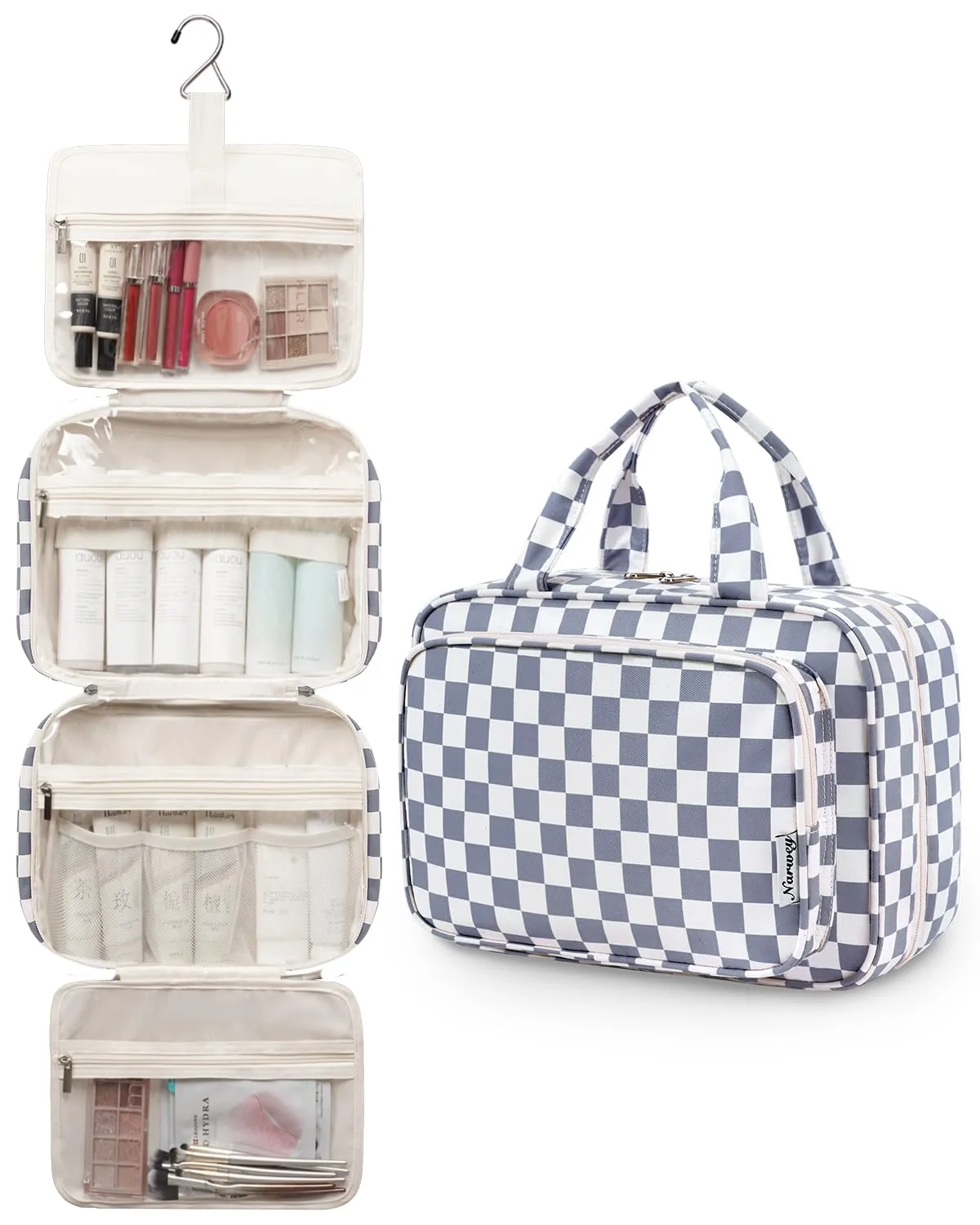 Narwey Beauty Case da Grande Viaggio, Beauty Case da Appendere per Donna Uomo,Borsa da Toilette da Travel Kit Viaggio, Grande Trousse Pochette Trucchi Donna (Scacchiere Blu Grigiastro (Grande)) - immagine 4