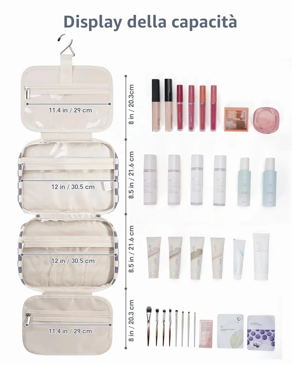Narwey Beauty Case da Grande Viaggio, Beauty Case da Appendere per Donna Uomo,Borsa da Toilette da Travel Kit Viaggio, Grande Trousse Pochette Trucchi Donna (Scacchiere Blu Grigiastro (Grande)) - immagine 5