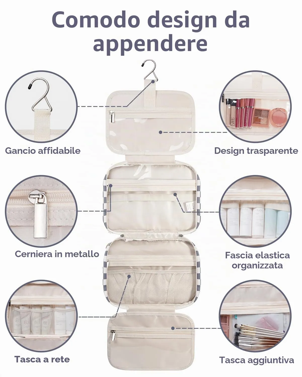 Narwey Beauty Case da Grande Viaggio, Beauty Case da Appendere per Donna Uomo,Borsa da Toilette da Travel Kit Viaggio, Grande Trousse Pochette Trucchi Donna (Scacchiere Blu Grigiastro (Grande)) - immagine 6