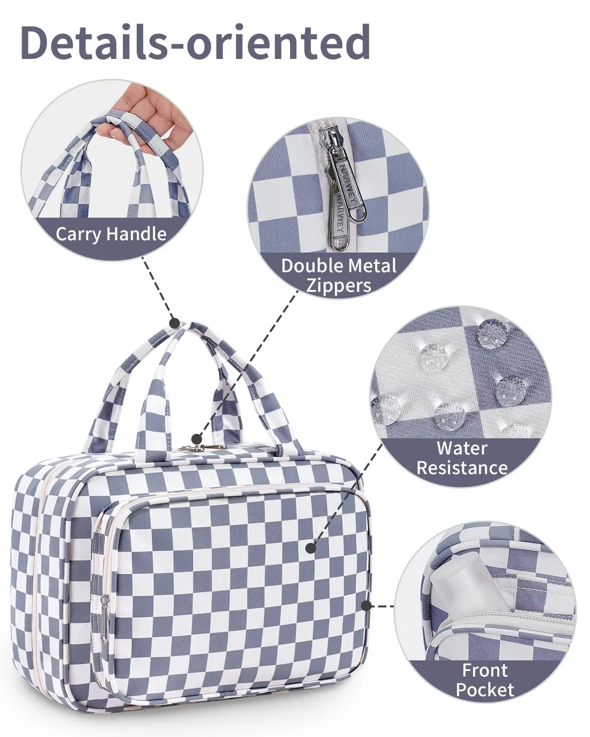 Narwey Beauty Case da Grande Viaggio, Beauty Case da Appendere per Donna Uomo,Borsa da Toilette da Travel Kit Viaggio, Grande Trousse Pochette Trucchi Donna (Scacchiere Blu Grigiastro (Grande)) - immagine 7