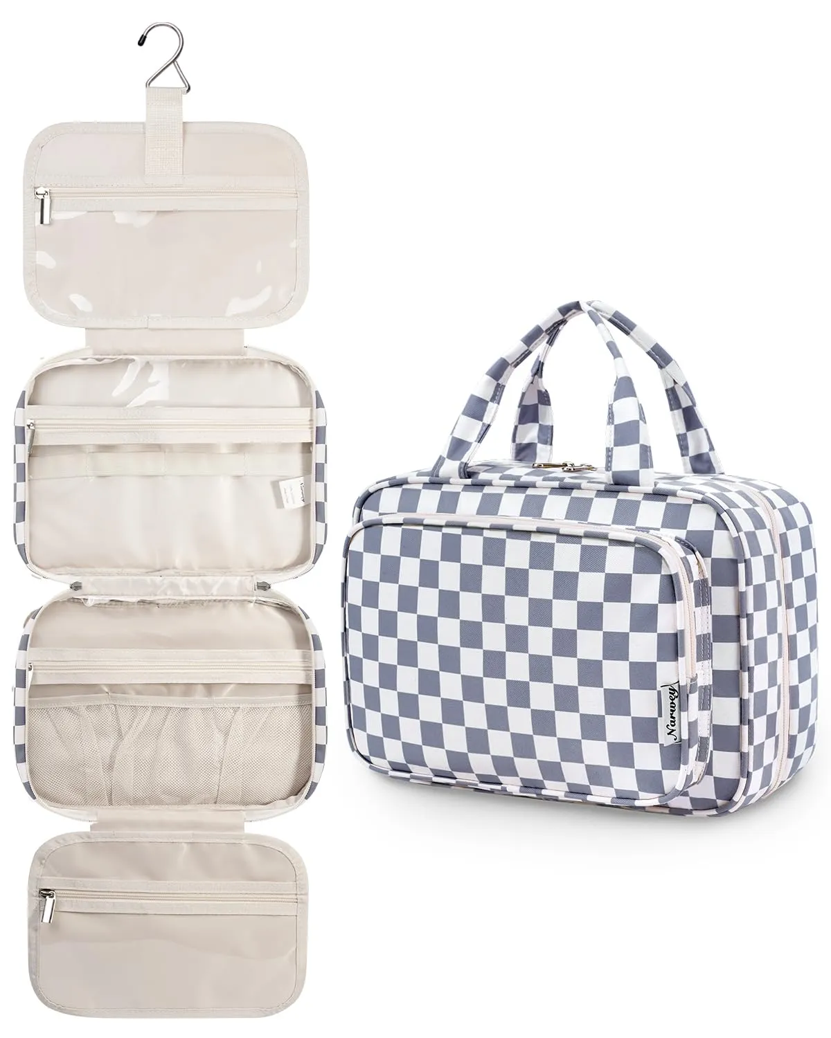Narwey Beauty Case da Grande Viaggio, Beauty Case da Appendere per Donna Uomo,Borsa da Toilette da Travel Kit Viaggio, Grande Trousse Pochette Trucchi Donna (Scacchiere Blu Grigiastro (Grande)) - immagine 8