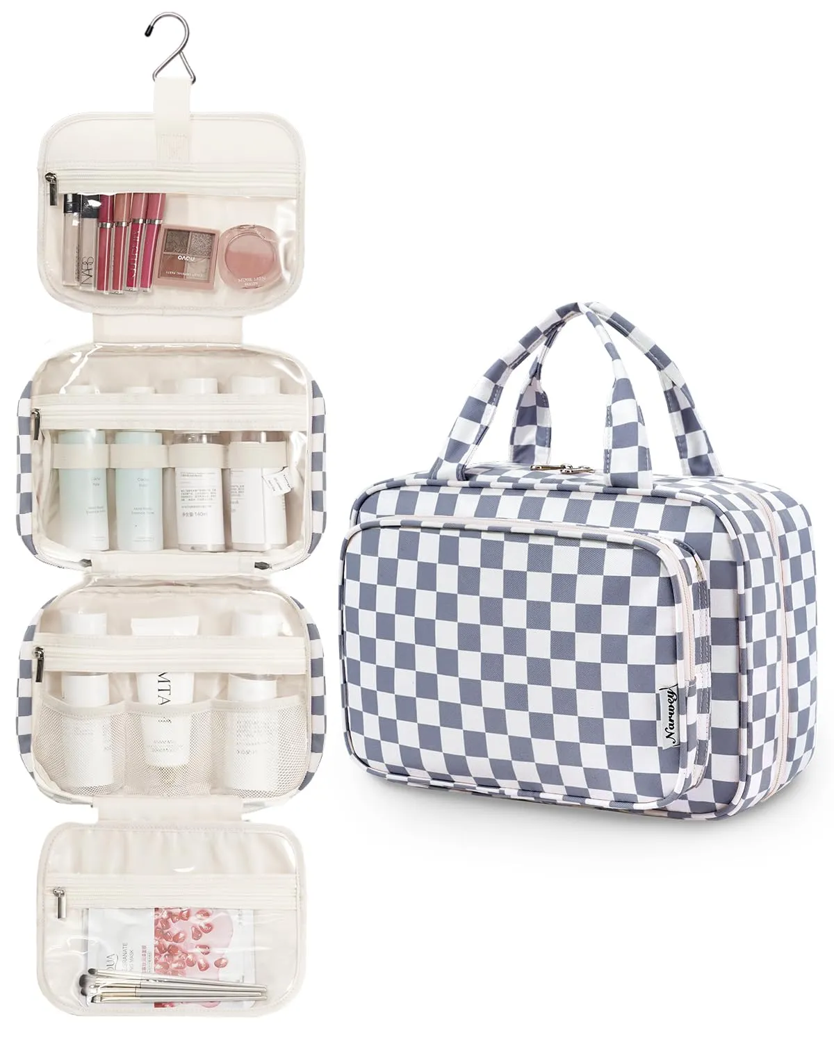 Narwey Beauty Case da Appendere Viaggio, Beauty Case da Appendere per Donna Uomo,Borsa da Toilette da Travel Kit Viaggio, Trousse Pochette Trucchi Donna per Viaggio (Scacchiere Blu Grigiastro (Medio)) - immagine 2