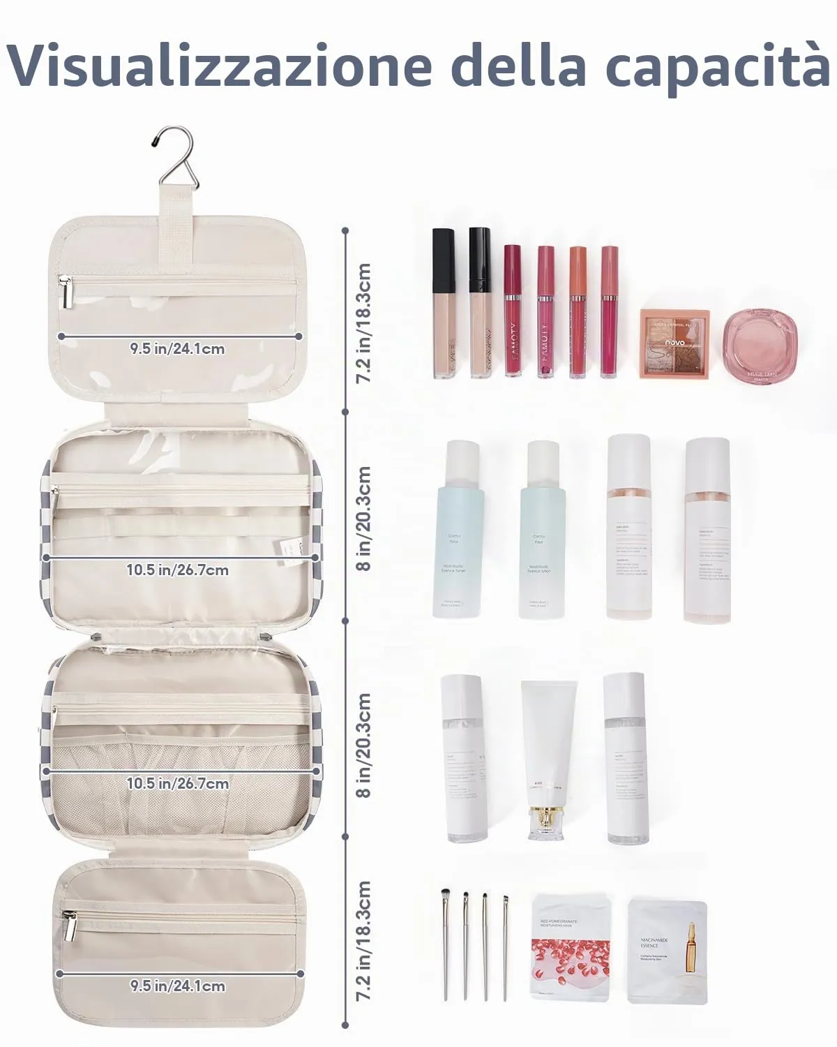 Narwey Beauty Case da Appendere Viaggio, Beauty Case da Appendere per Donna Uomo,Borsa da Toilette da Travel Kit Viaggio, Trousse Pochette Trucchi Donna per Viaggio (Scacchiere Blu Grigiastro (Medio)) - immagine 3