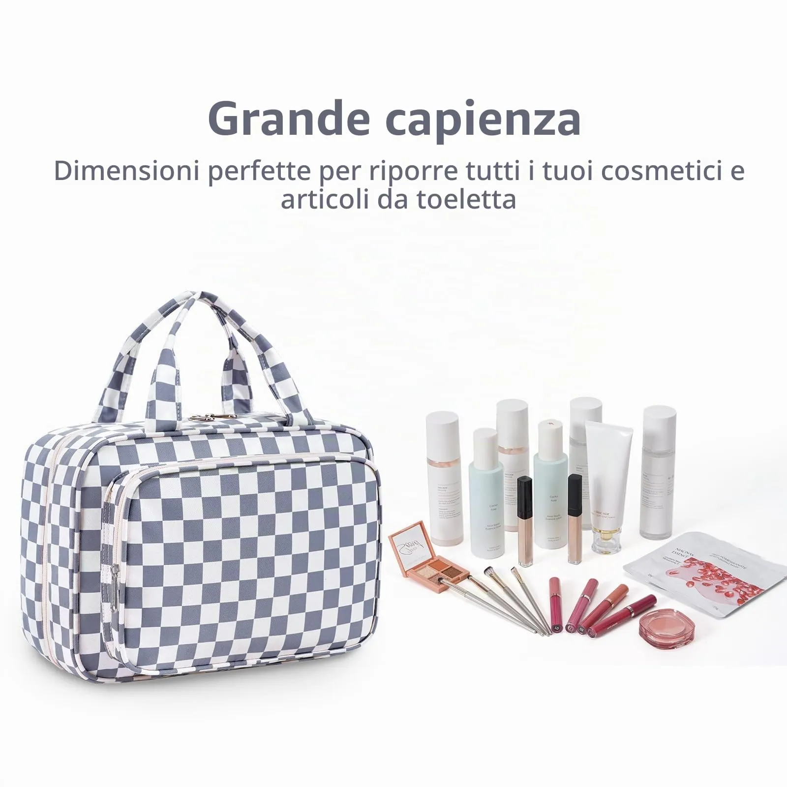 Narwey Beauty Case da Appendere Viaggio, Beauty Case da Appendere per Donna Uomo,Borsa da Toilette da Travel Kit Viaggio, Trousse Pochette Trucchi Donna per Viaggio (Scacchiere Blu Grigiastro (Medio)) - immagine 6