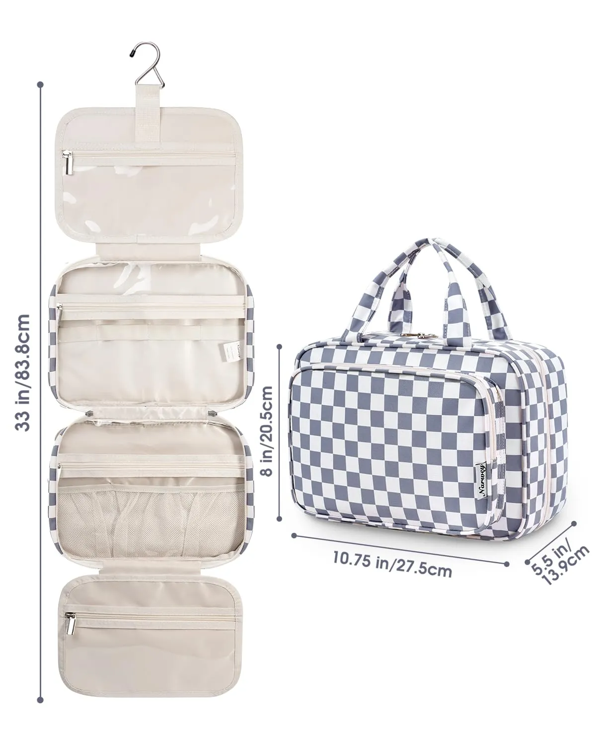 Narwey Beauty Case da Appendere Viaggio, Beauty Case da Appendere per Donna Uomo,Borsa da Toilette da Travel Kit Viaggio, Trousse Pochette Trucchi Donna per Viaggio (Scacchiere Blu Grigiastro (Medio)) - immagine 8