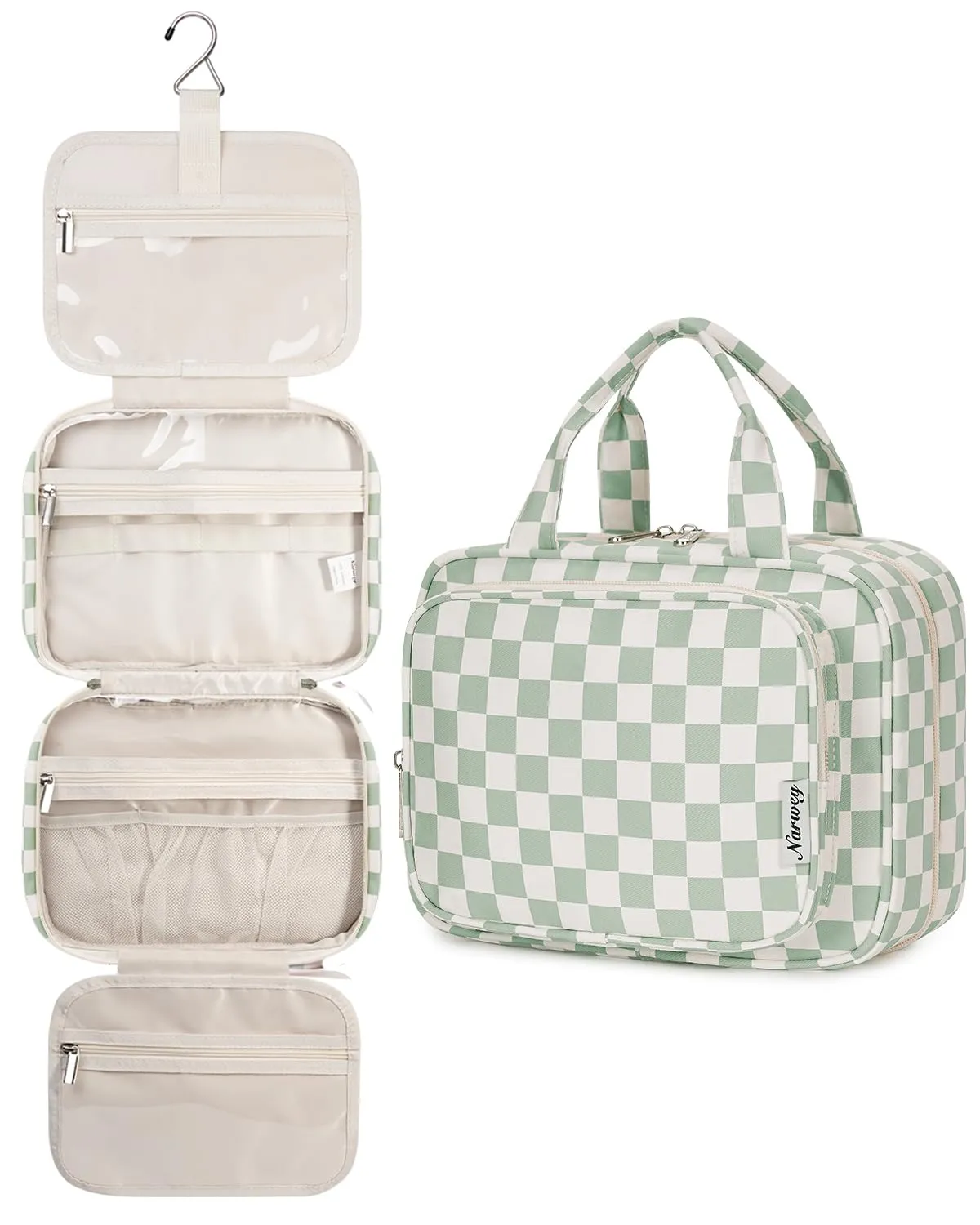 Narwey Beauty Case da Grande Viaggio, Beauty Case da Appendere per Donna Uomo,Borsa da Toilette da Travel Kit Viaggio, Grande Trousse Pochette Trucchi Donna (Scacchiere Verde Menta (Grande)) - immagine 1