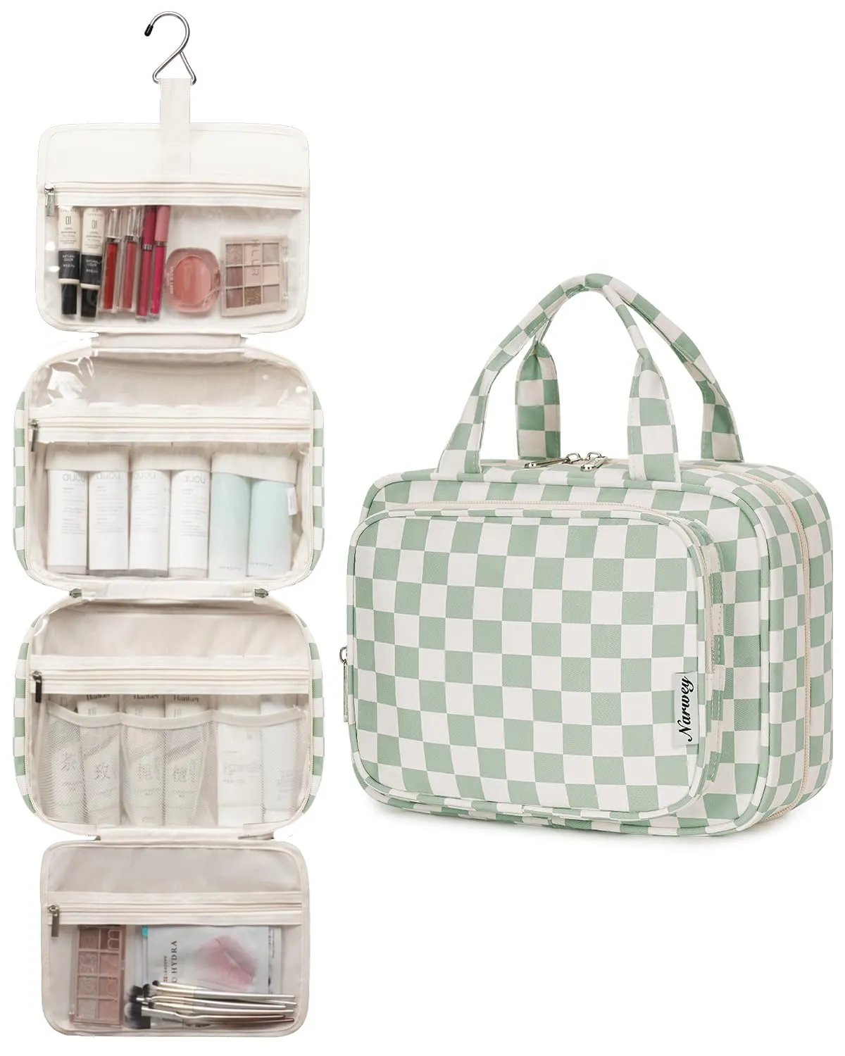 Narwey Beauty Case da Grande Viaggio, Beauty Case da Appendere per Donna Uomo,Borsa da Toilette da Travel Kit Viaggio, Grande Trousse Pochette Trucchi Donna (Scacchiere Verde Menta (Grande)) - immagine 4