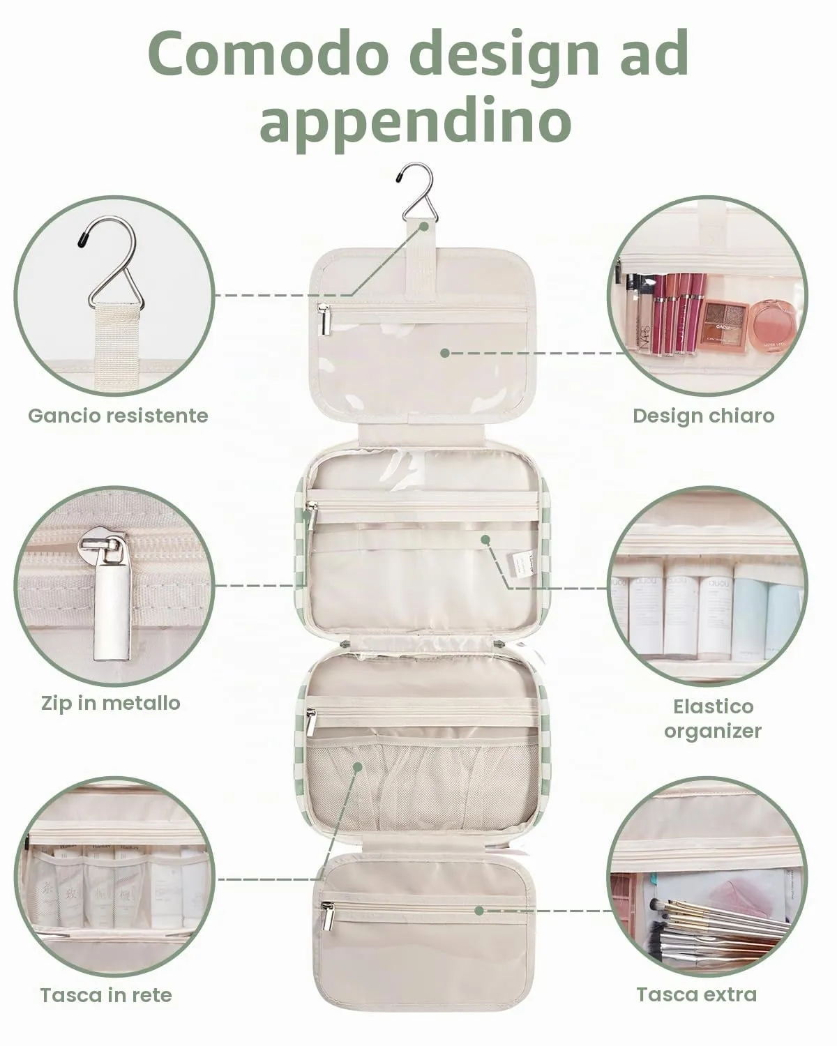 Narwey Beauty Case da Grande Viaggio, Beauty Case da Appendere per Donna Uomo,Borsa da Toilette da Travel Kit Viaggio, Grande Trousse Pochette Trucchi Donna (Scacchiere Verde Menta (Grande)) - immagine 6