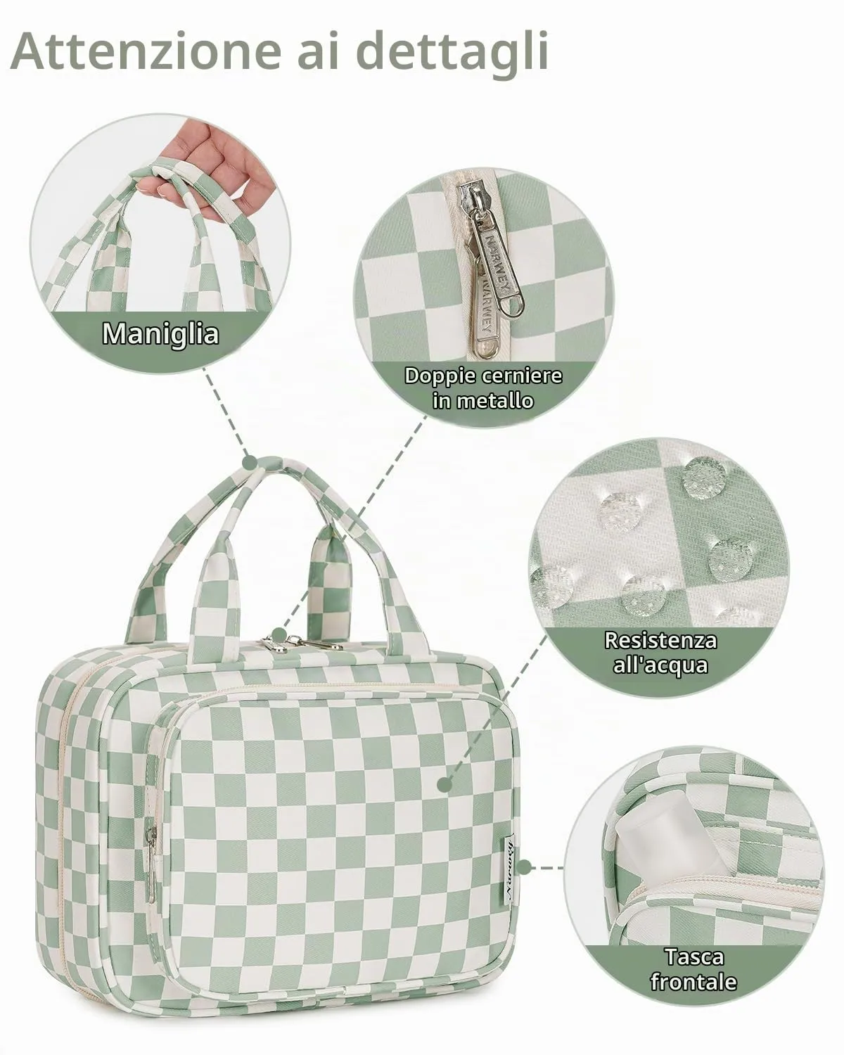Narwey Beauty Case da Grande Viaggio, Beauty Case da Appendere per Donna Uomo,Borsa da Toilette da Travel Kit Viaggio, Grande Trousse Pochette Trucchi Donna (Scacchiere Verde Menta (Grande)) - immagine 7