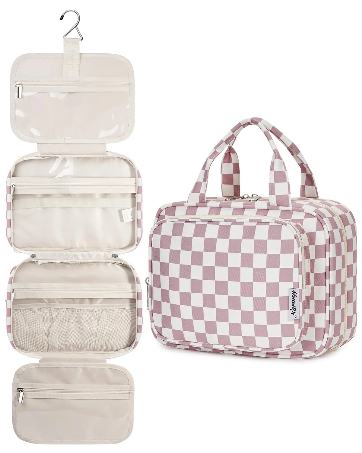 Narwey Beauty Case da Grande Viaggio, Beauty Case da Appendere per Donna Uomo,Borsa da Toilette da Travel Kit Viaggio, Grande Trousse Pochette Trucchi Donna (Scacchiere Rosa Polvere (Grande)) - immagine 1