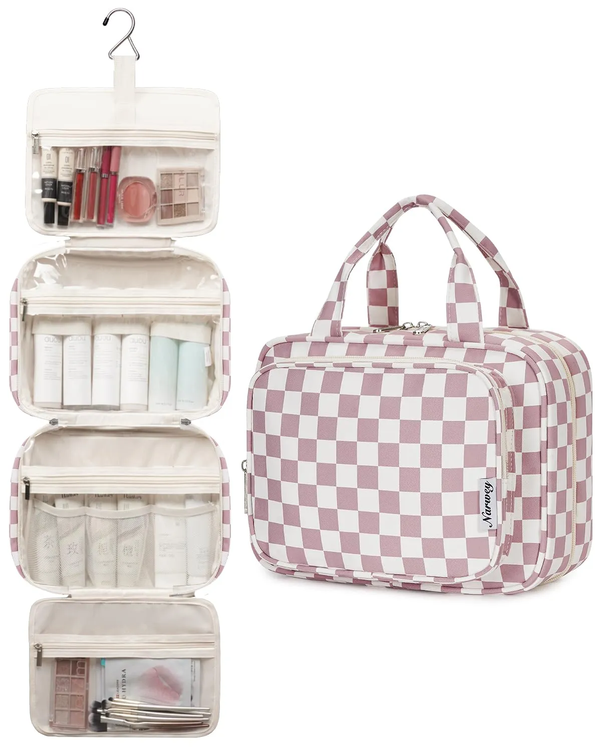 Narwey Beauty Case da Grande Viaggio, Beauty Case da Appendere per Donna Uomo,Borsa da Toilette da Travel Kit Viaggio, Grande Trousse Pochette Trucchi Donna (Scacchiere Rosa Polvere (Grande)) - immagine 4