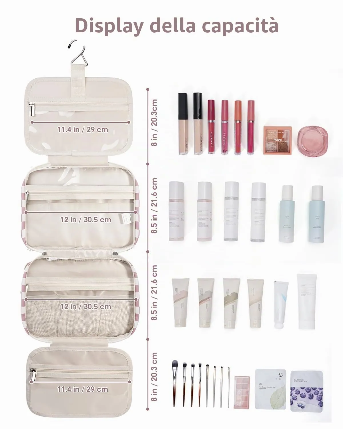 Narwey Beauty Case da Grande Viaggio, Beauty Case da Appendere per Donna Uomo,Borsa da Toilette da Travel Kit Viaggio, Grande Trousse Pochette Trucchi Donna (Scacchiere Rosa Polvere (Grande)) - immagine 5