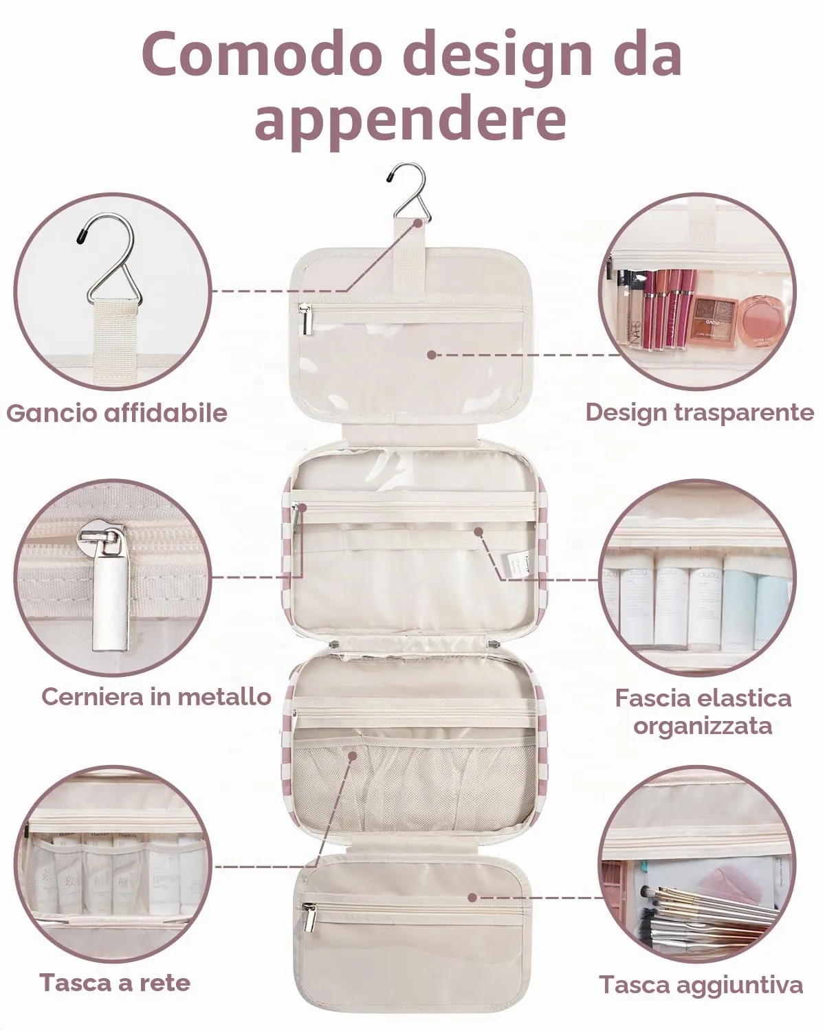Narwey Beauty Case da Grande Viaggio, Beauty Case da Appendere per Donna Uomo,Borsa da Toilette da Travel Kit Viaggio, Grande Trousse Pochette Trucchi Donna (Scacchiere Rosa Polvere (Grande)) - immagine 6