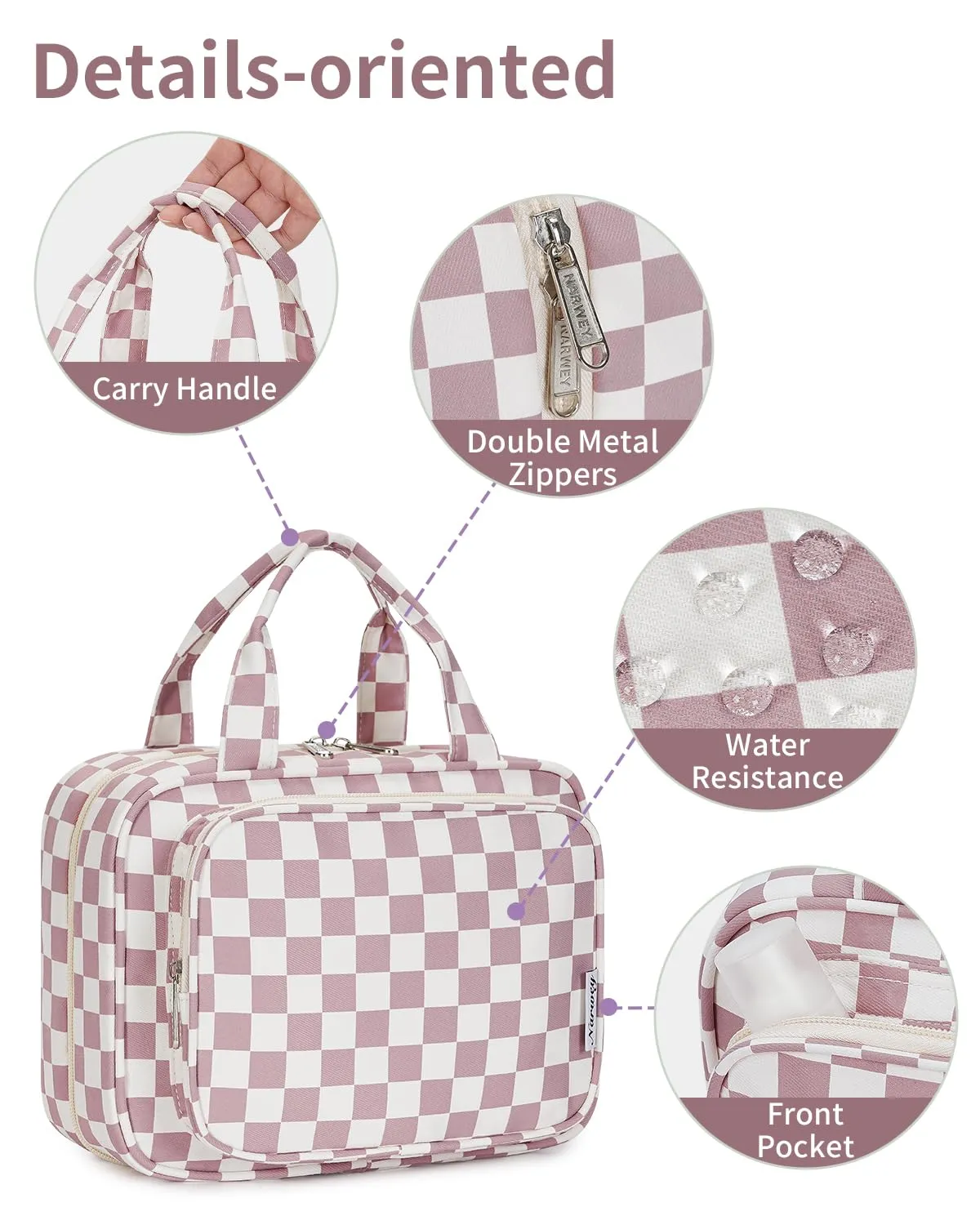 Narwey Beauty Case da Grande Viaggio, Beauty Case da Appendere per Donna Uomo,Borsa da Toilette da Travel Kit Viaggio, Grande Trousse Pochette Trucchi Donna (Scacchiere Rosa Polvere (Grande)) - immagine 7