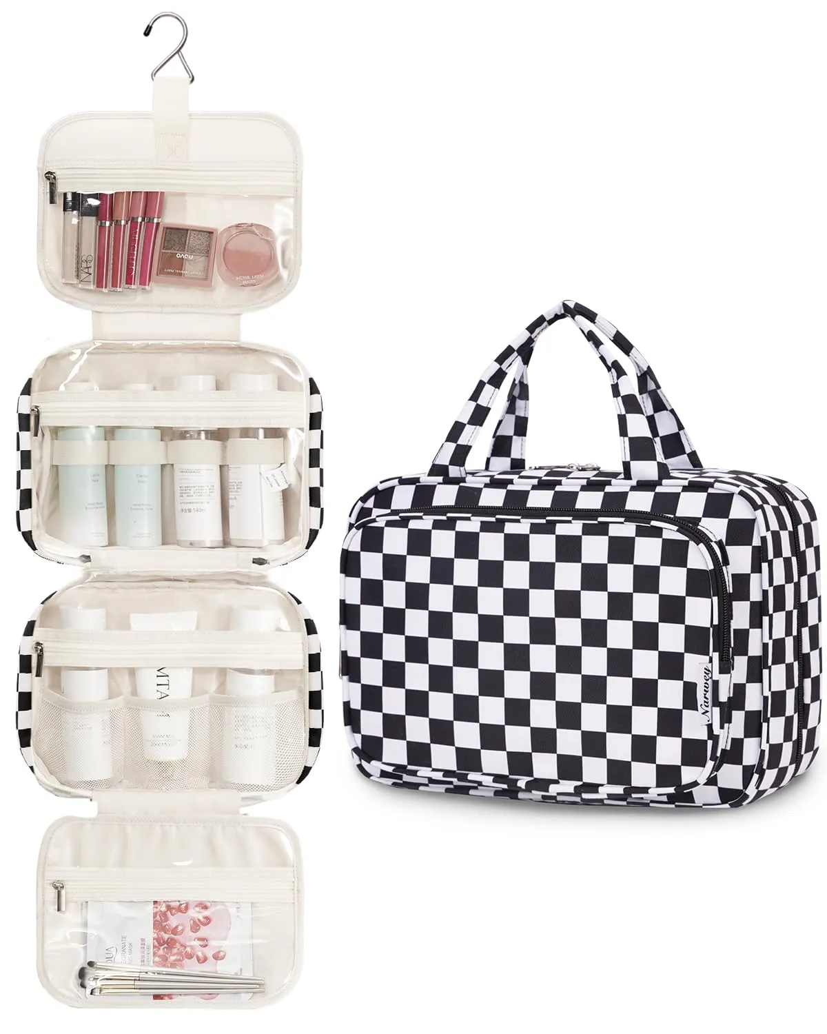 Narwey Beauty Case da Appendere Viaggio, Beauty Case da Appendere per Donna Uomo,Borsa da Toilette da Travel Kit Viaggio, Trousse Pochette Trucchi Donna per Viaggio (Scacchiera Nero (Medio)) - immagine 2