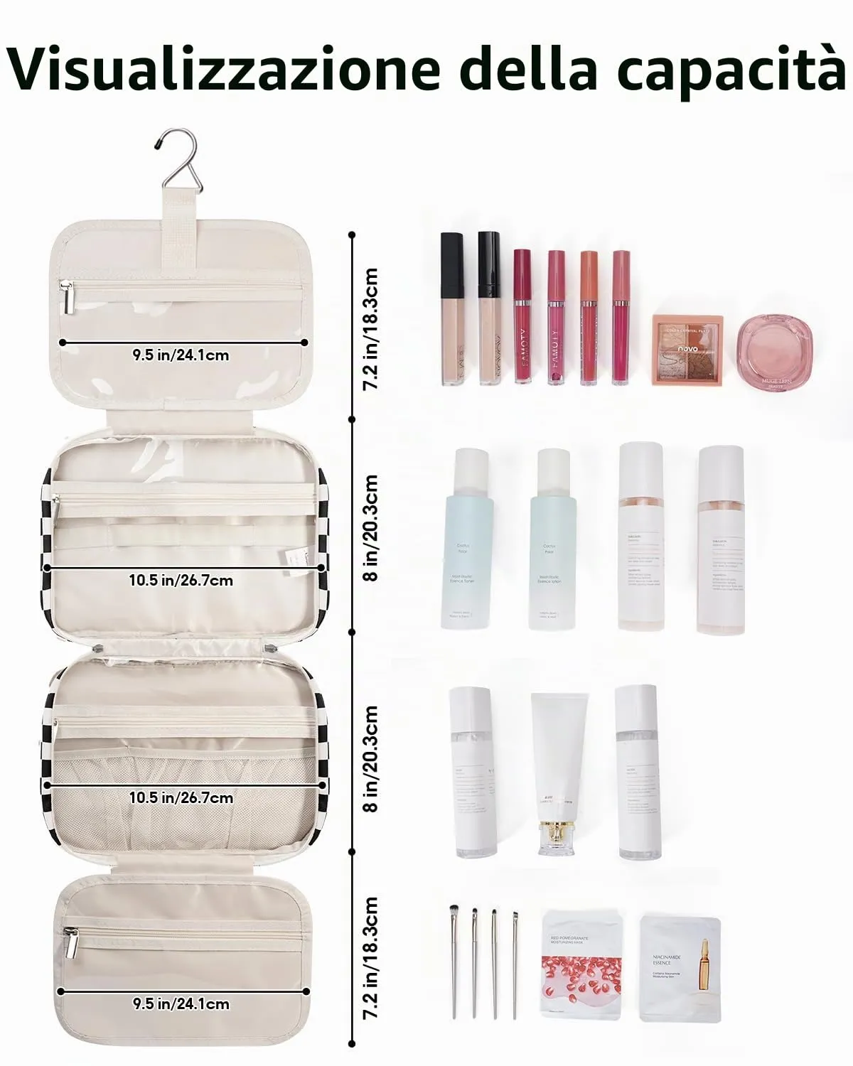 Narwey Beauty Case da Appendere Viaggio, Beauty Case da Appendere per Donna Uomo,Borsa da Toilette da Travel Kit Viaggio, Trousse Pochette Trucchi Donna per Viaggio (Scacchiera Nero (Medio)) - immagine 3