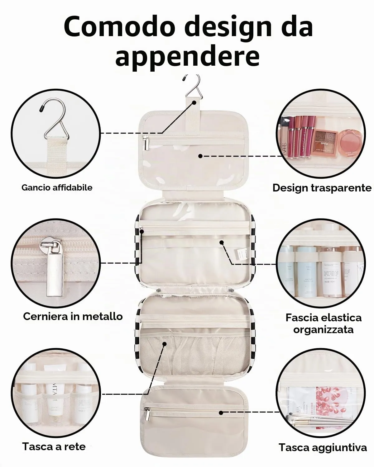 Narwey Beauty Case da Appendere Viaggio, Beauty Case da Appendere per Donna Uomo,Borsa da Toilette da Travel Kit Viaggio, Trousse Pochette Trucchi Donna per Viaggio (Scacchiera Nero (Medio)) - immagine 4