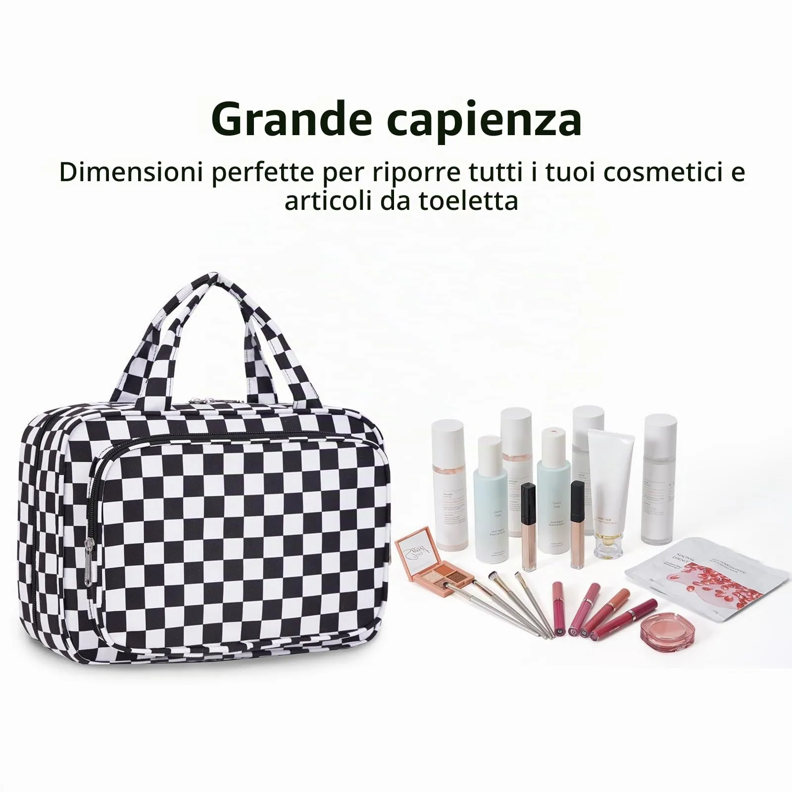 Narwey Beauty Case da Appendere Viaggio, Beauty Case da Appendere per Donna Uomo,Borsa da Toilette da Travel Kit Viaggio, Trousse Pochette Trucchi Donna per Viaggio (Scacchiera Nero (Medio)) - immagine 6