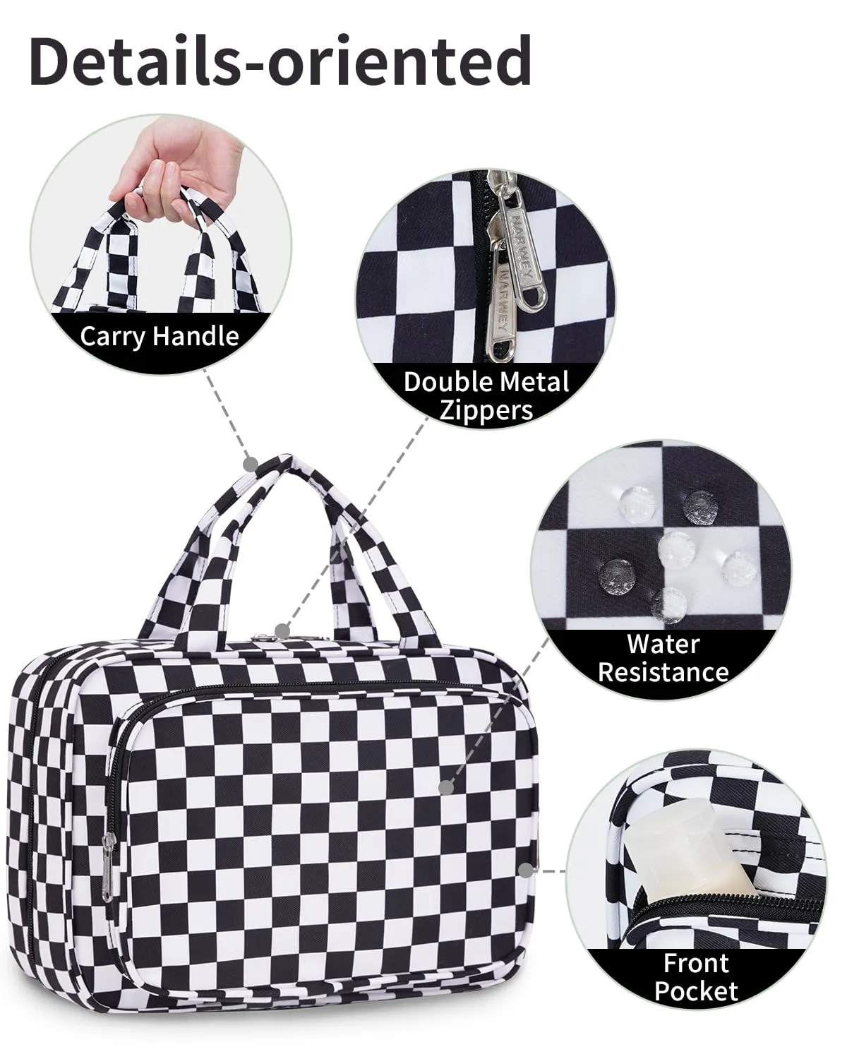 Narwey Beauty Case da Appendere Viaggio, Beauty Case da Appendere per Donna Uomo,Borsa da Toilette da Travel Kit Viaggio, Trousse Pochette Trucchi Donna per Viaggio (Scacchiera Nero (Medio)) - immagine 7