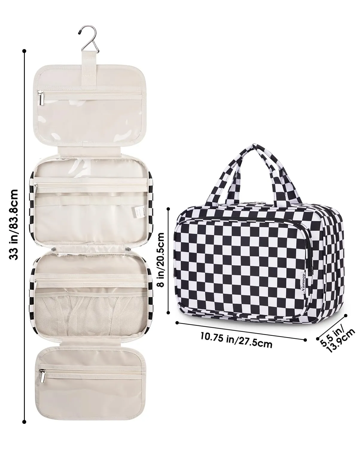 Narwey Beauty Case da Appendere Viaggio, Beauty Case da Appendere per Donna Uomo,Borsa da Toilette da Travel Kit Viaggio, Trousse Pochette Trucchi Donna per Viaggio (Scacchiera Nero (Medio)) - immagine 8