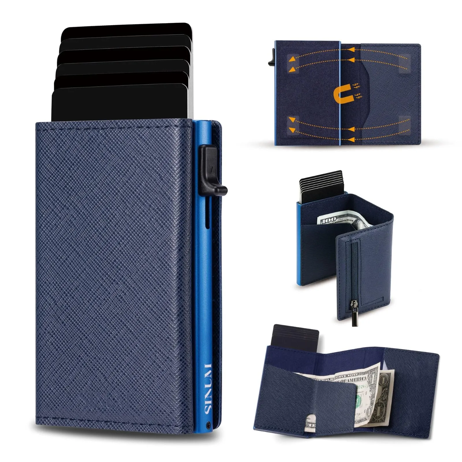 SINUM Portafoglio Saffiano - Chiusura Magnetica - Porta Carte Di Credito con Portamonete - Protezione RFID Anticlonazione - Brand Italiano (Saffiano, Blu) - immagine 5