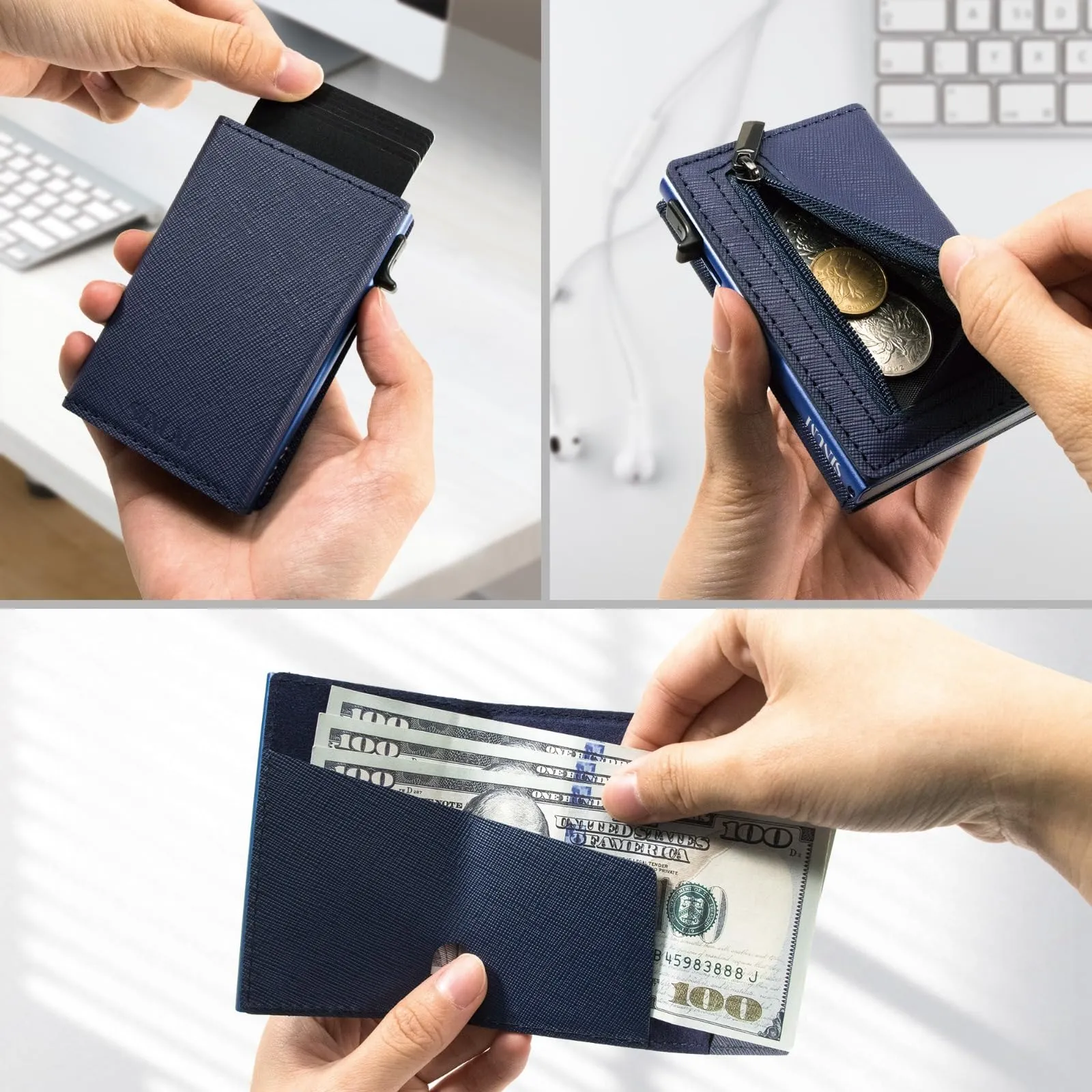 SINUM Portafoglio Saffiano - Chiusura Magnetica - Porta Carte Di Credito con Portamonete - Protezione RFID Anticlonazione - Brand Italiano (Saffiano, Blu) - immagine 6