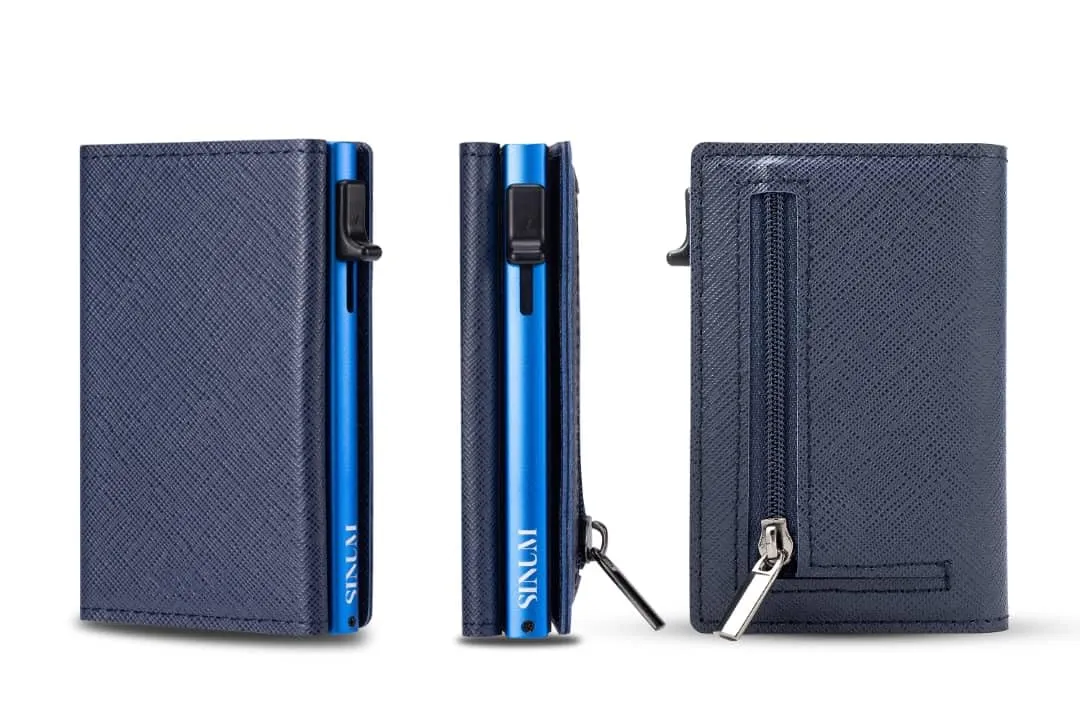 SINUM Portafoglio Saffiano - Chiusura Magnetica - Porta Carte Di Credito con Portamonete - Protezione RFID Anticlonazione - Brand Italiano (Saffiano, Blu) - immagine 8
