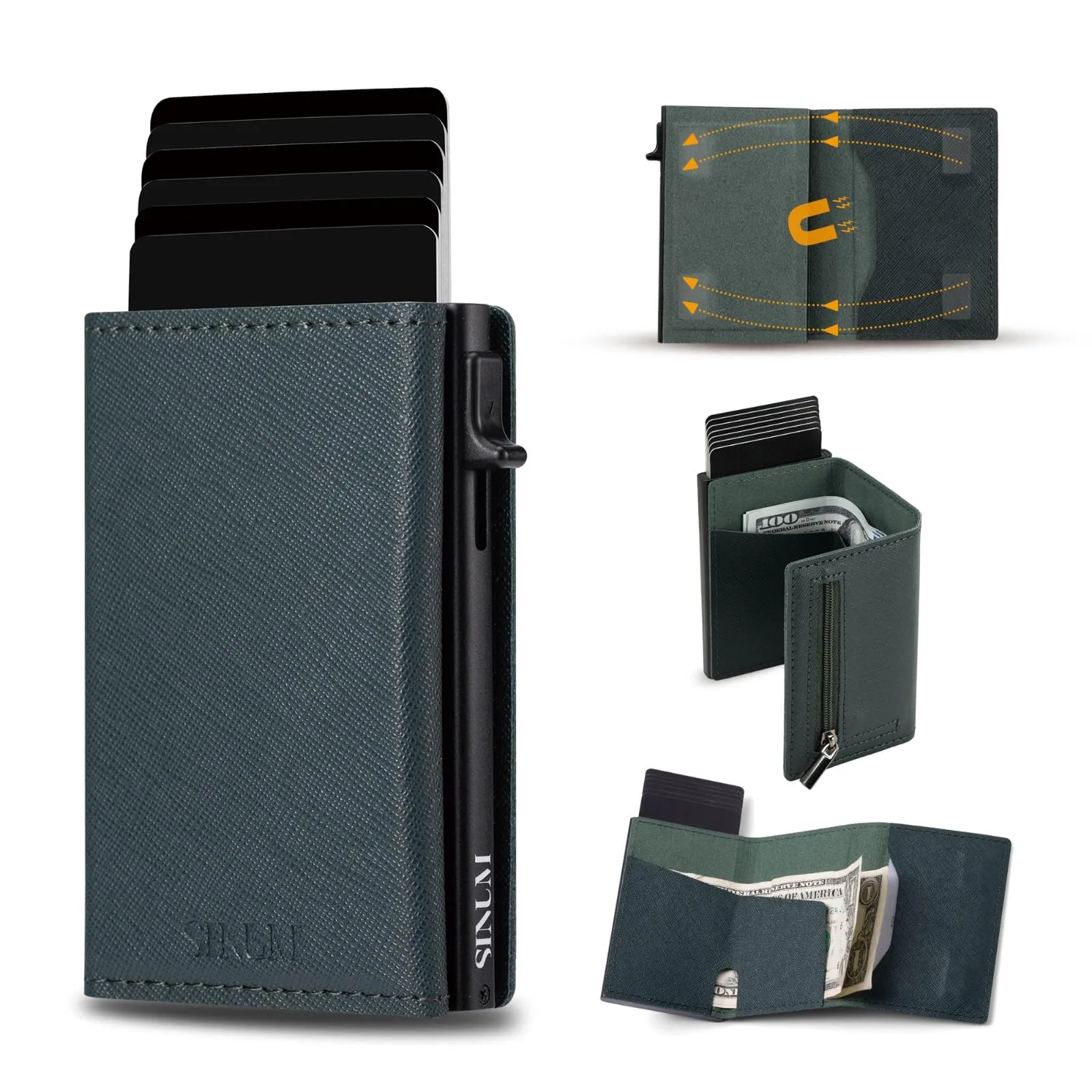 SINUM Portafoglio Saffiano - Chiusura Magnetica - Porta Carte Di Credito con Portamonete - Protezione RFID Anticlonazione - Brand Italiano (Saffiano, Verde) - immagine 2