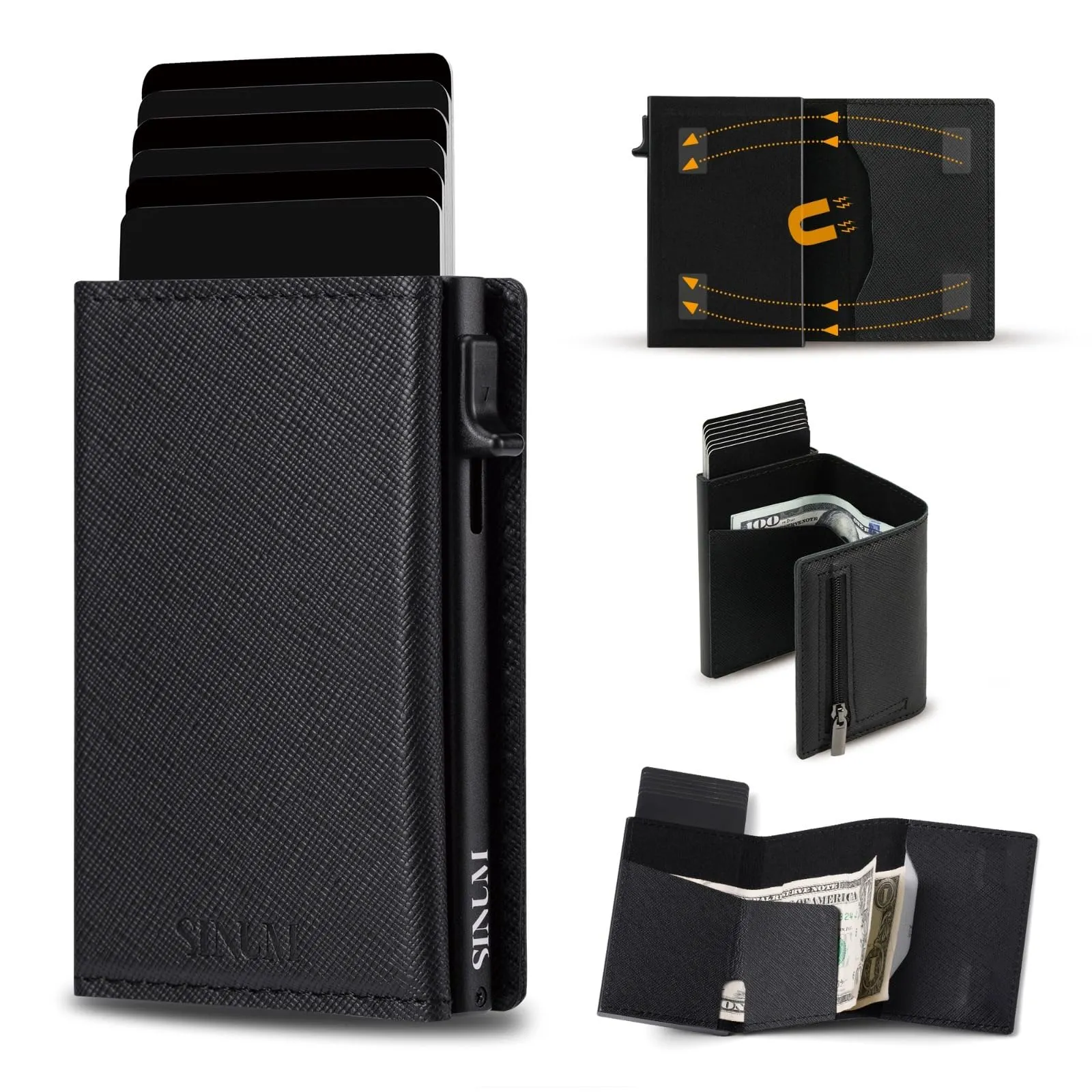 SINUM Portafoglio Saffiano - Chiusura Magnetica - Porta Carte Di Credito con Portamonete - Protezione RFID Anticlonazione - Brand Italiano (Saffiano, Nero) - immagine 2